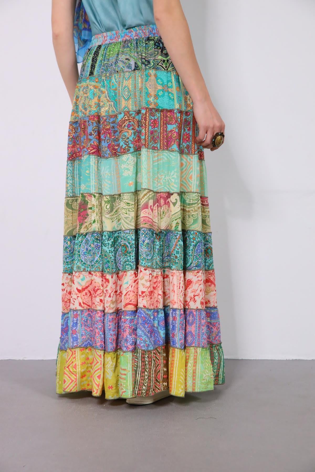 Renkli Patchwork Otantik İpek Etek - Şaman Butik Renkli Patchwork Otantik İpek Etek