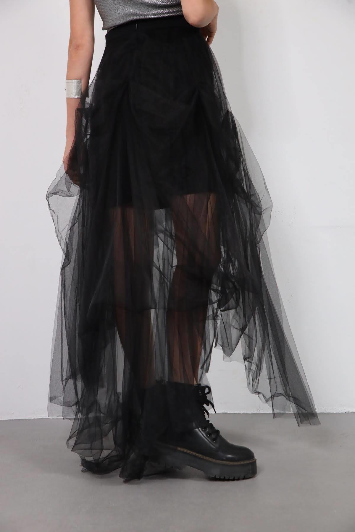  Siyah Önü Kısa Volanlı Tül Etek