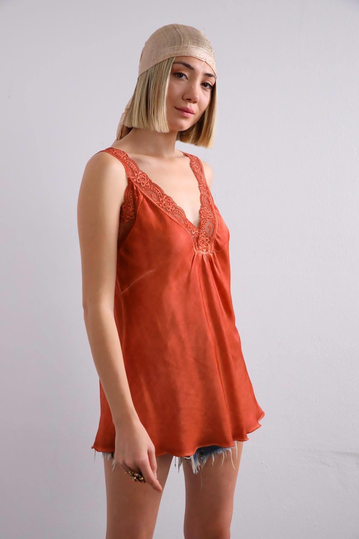Navy Blue Floral Stitched Waist Shirt Dress - Şaman Butik Brick Red Lace Embroidered Silk Tank Top