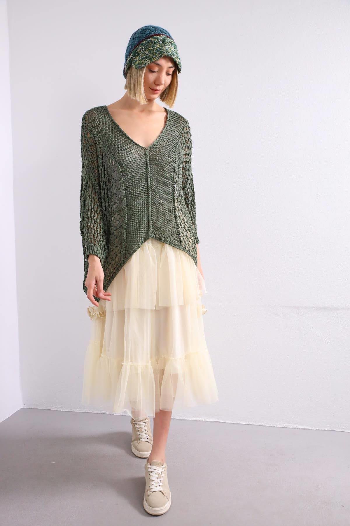 Haki File Örgü Kazak - Şaman Butik Haki File Örgü Kazak