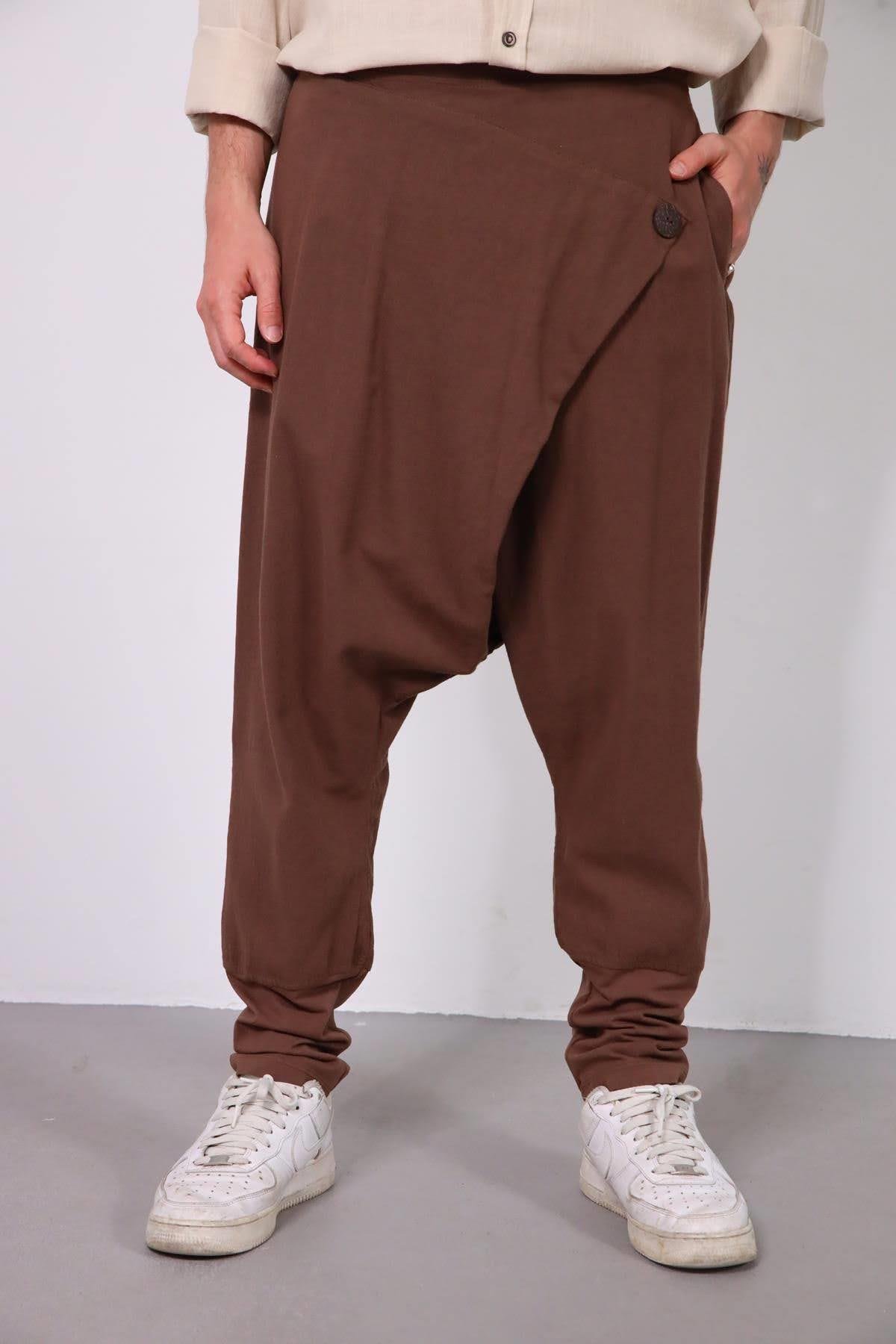  Kahverengi Çapraz Pileli Tek Düğme Pantolon