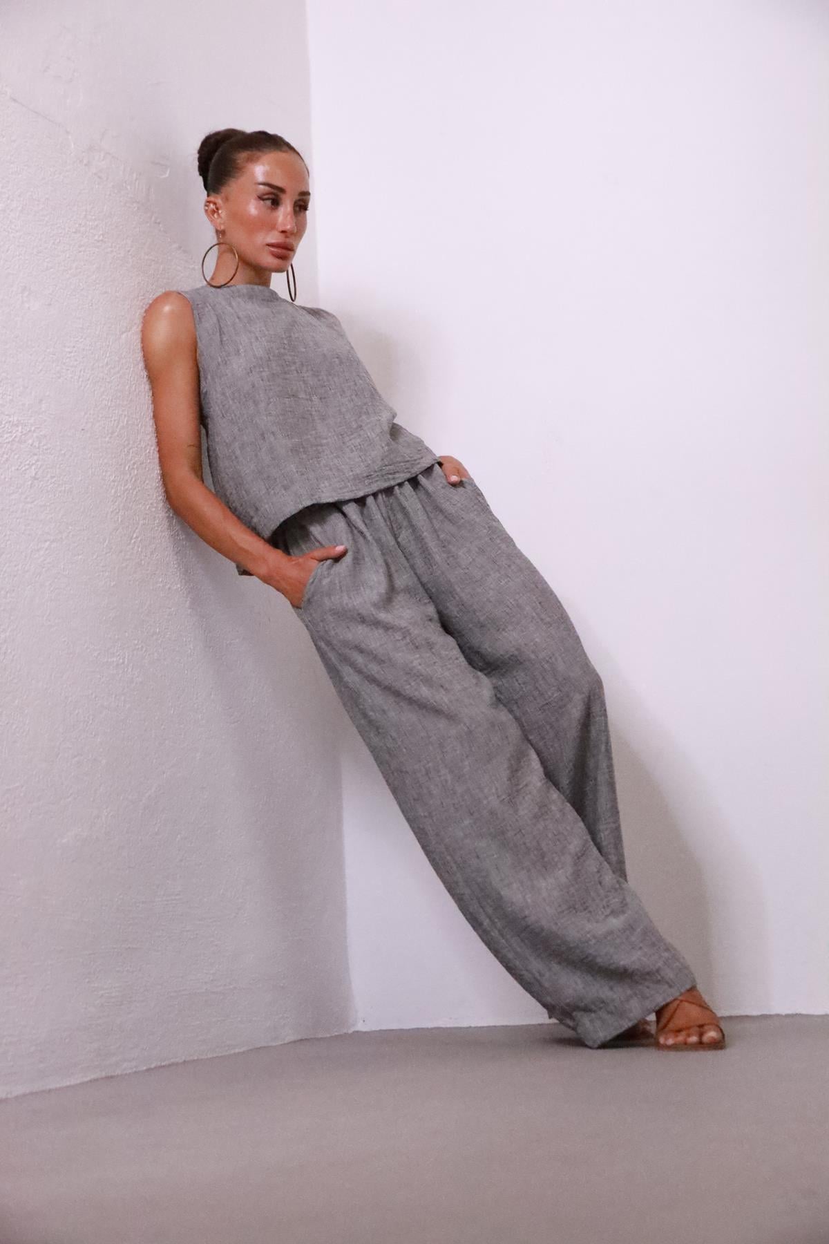 Gri Keten Crop ve Pantolon Takım - Şaman Butik Gri Keten Crop ve Pantolon Takım