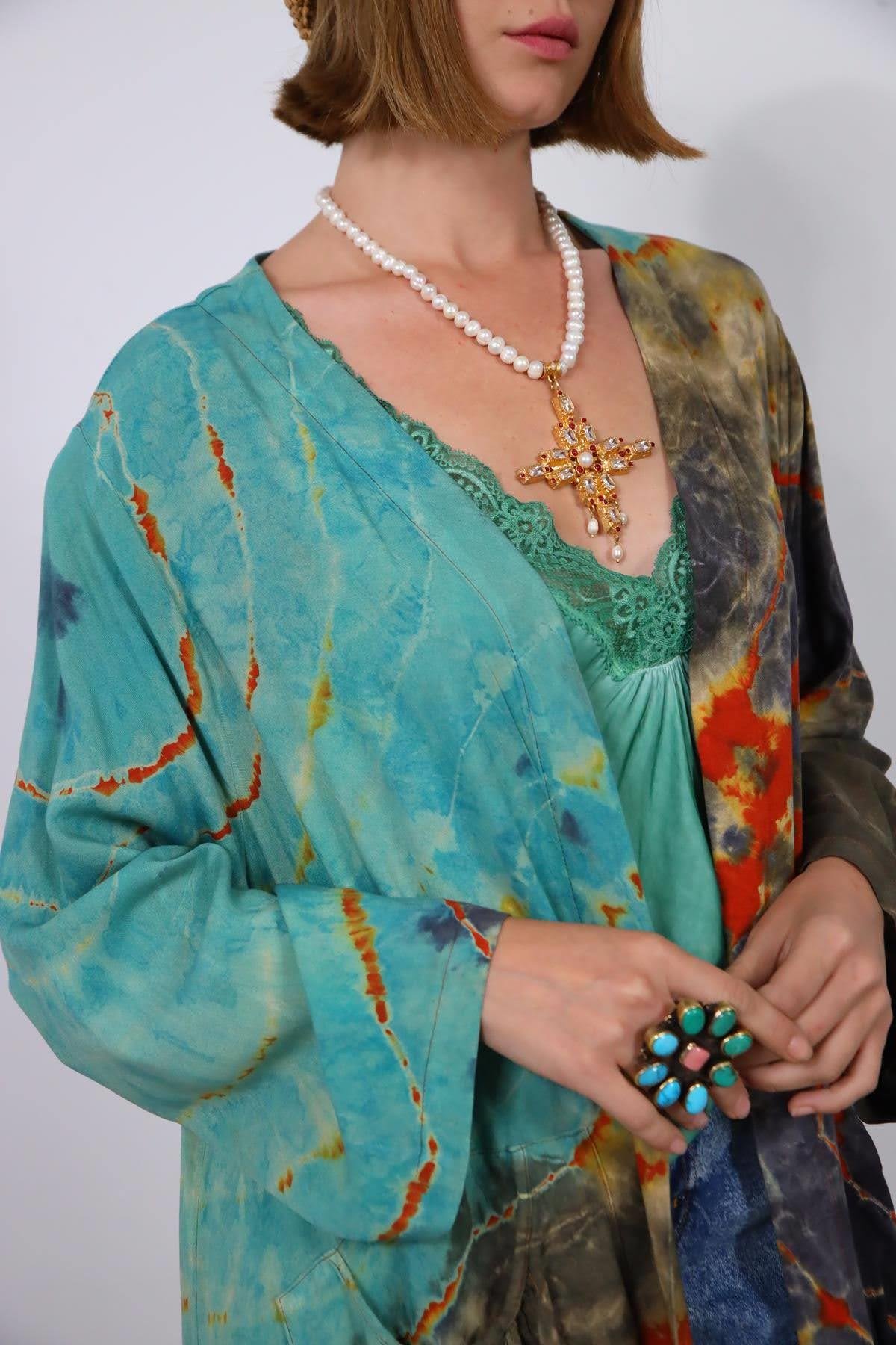  Kiremit Rengi Batik Desenli Cep Detay Kaftan