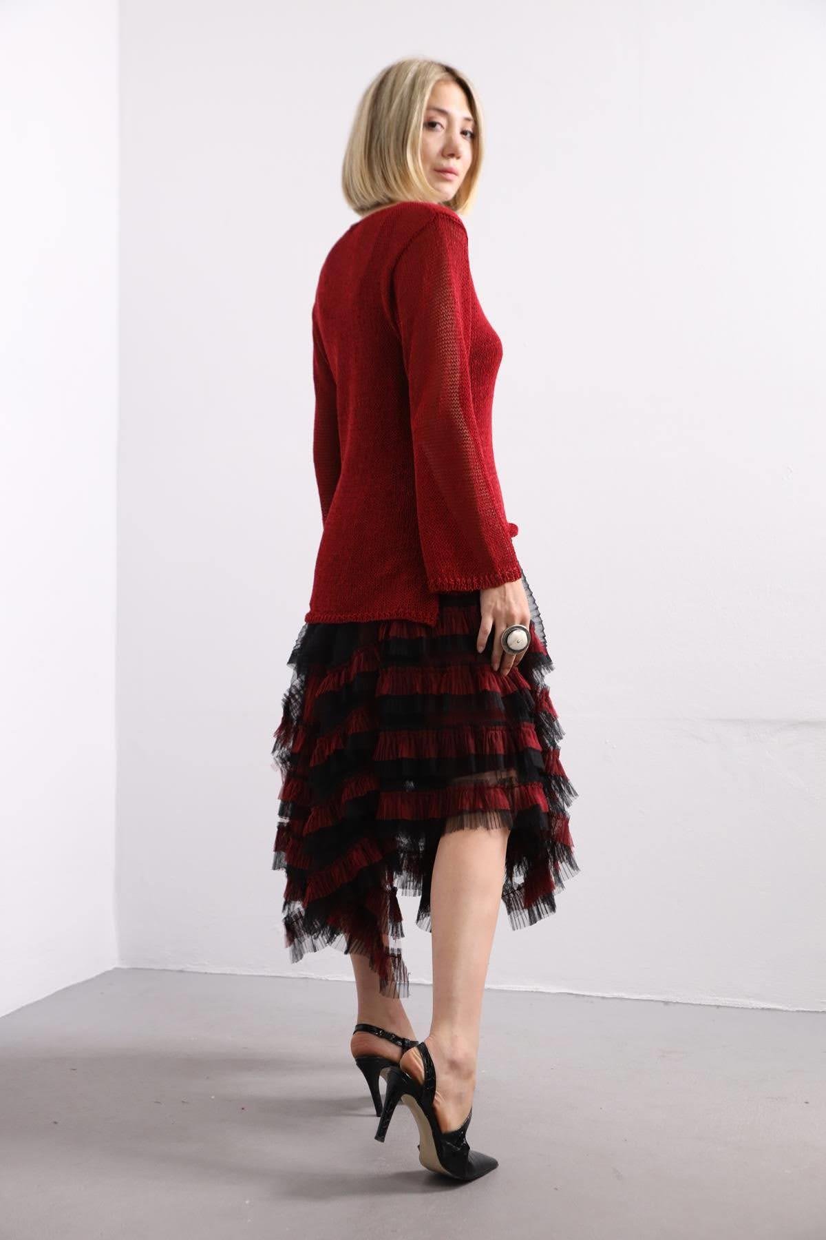 Claret Red V-Neck Long Back Mercerized Blouse - Saman Butik | Shop Online Claret Red V-Neck Long Back Mercerized Blouse