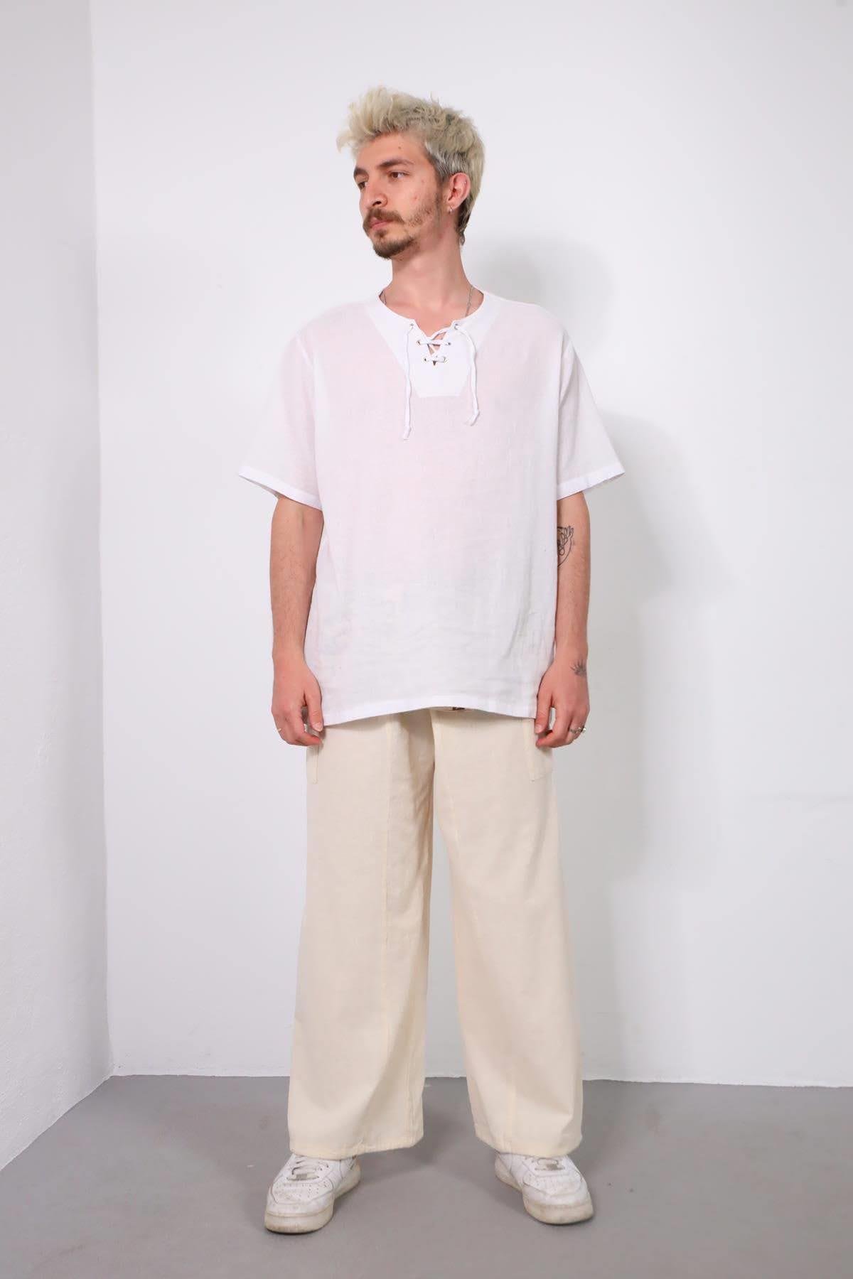  Krem Rengi Beli Desenli Balıkçı Pantolon