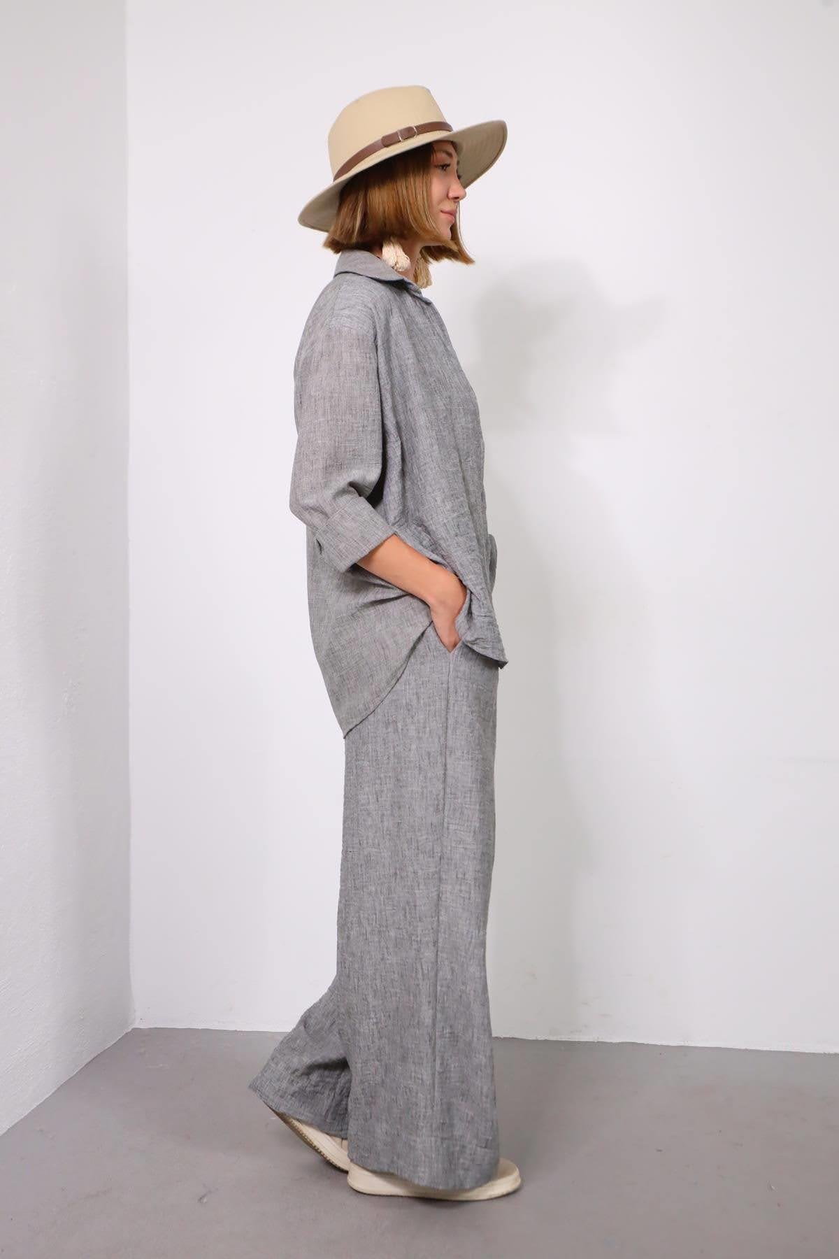 Gri Keten Klasik Düğmeli Pantolon ve Gömlek Takım - Şaman Butik Gri Keten Klasik Düğmeli Pantolon ve Gömlek Takım