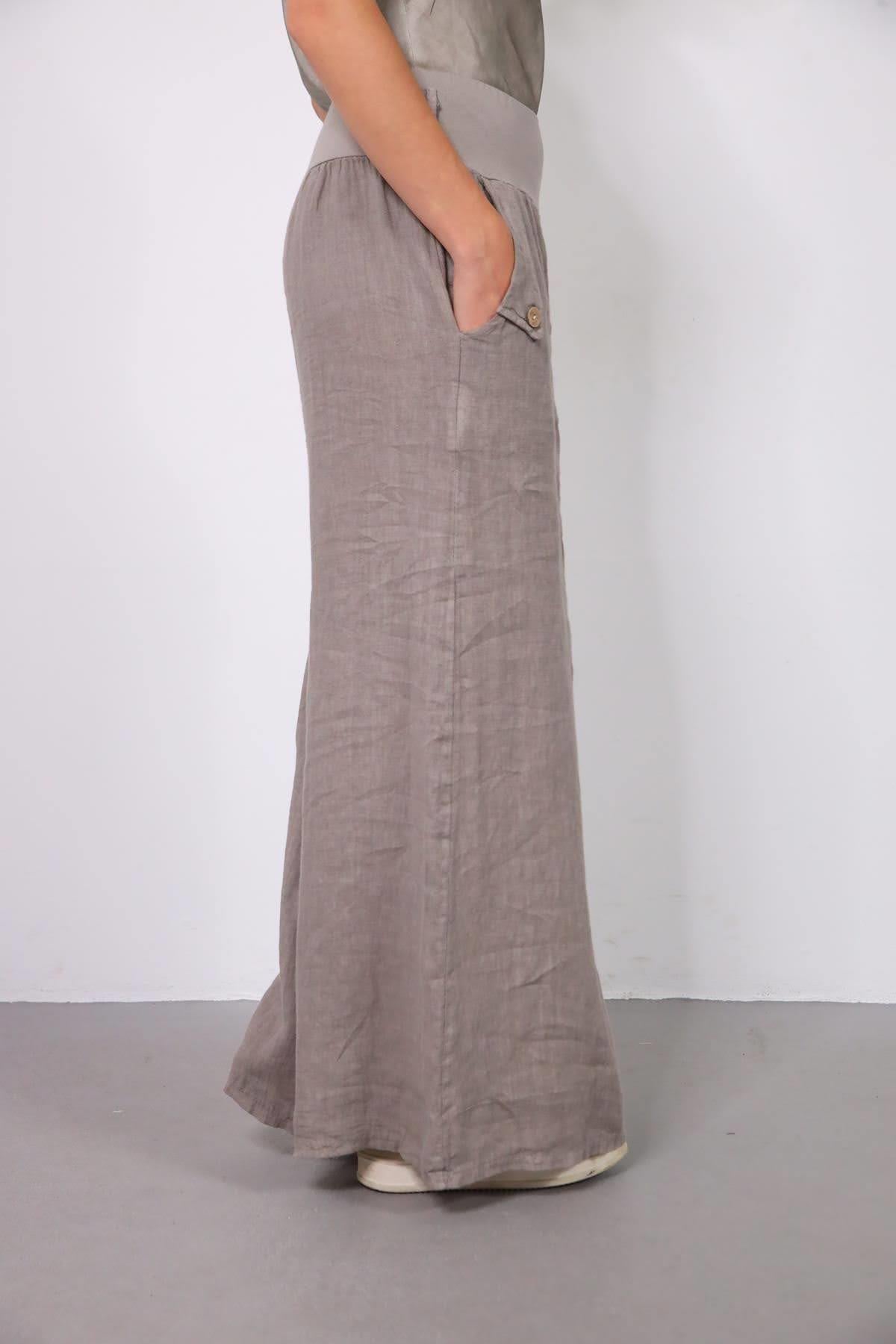 Vizon Rengi Cebi Tek Düğmeli Salaş Keten Pantolon - Şaman Butik Vizon Rengi Cebi Tek Düğmeli Salaş Keten Pantolon