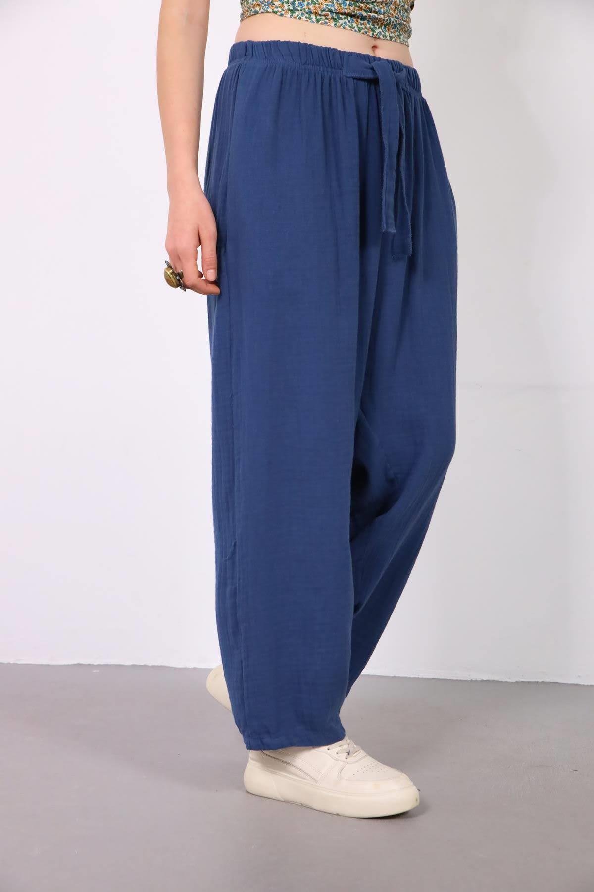  Petrol Mavisi Beli İpli Müslin Şalvar