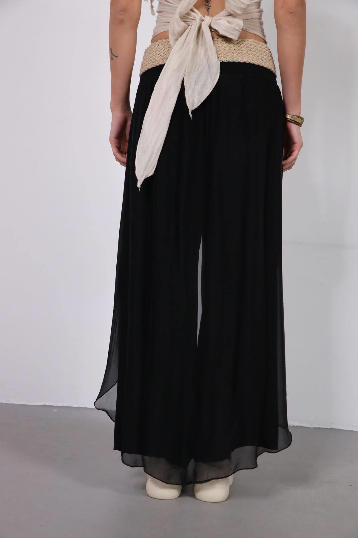 Siyah Parça Detaylı İpek Pantolon - Şaman Butik Siyah Parça Detaylı İpek Pantolon