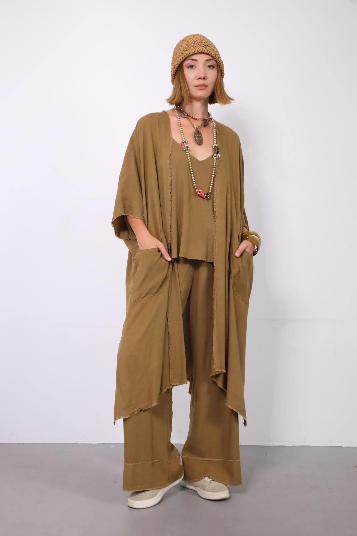  Zeytin Yeşili Püsküllü Salaş Kısa Kollu Kaftan