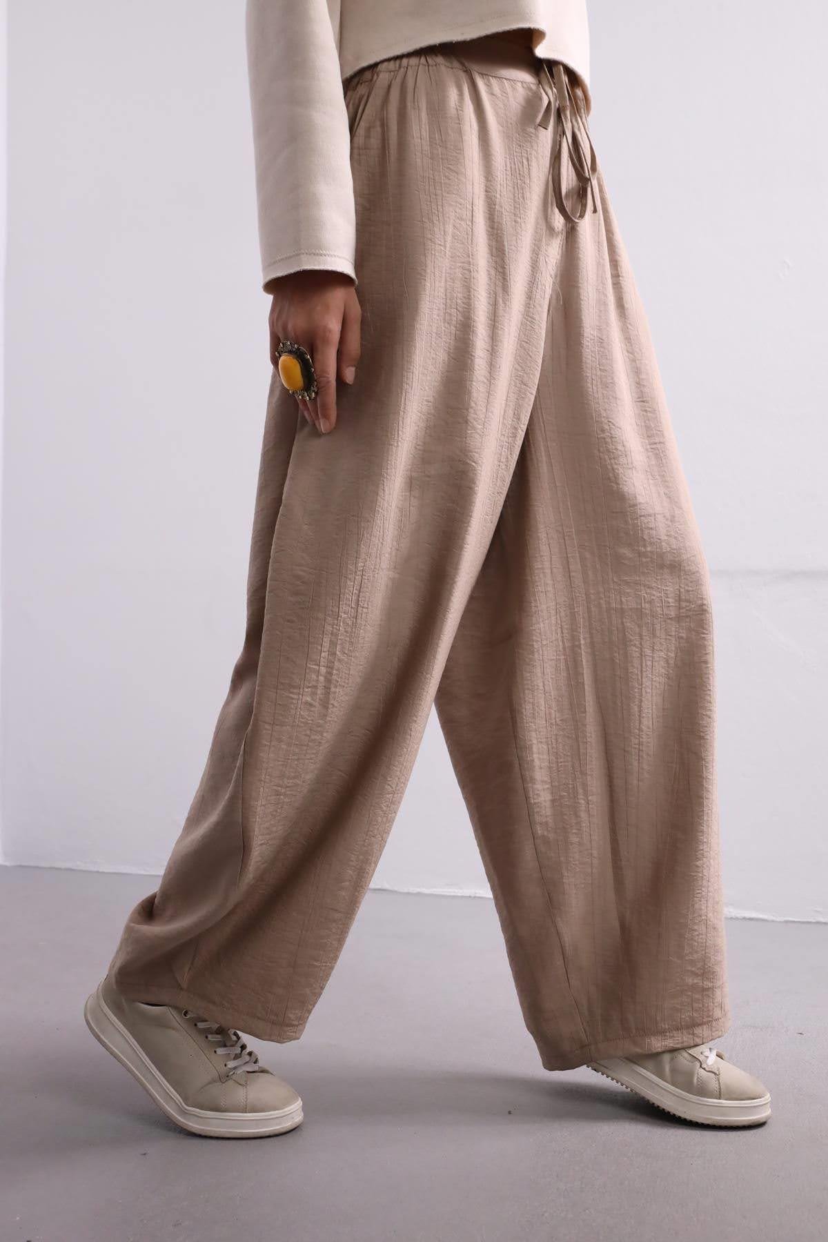  Vizon Rengi Çift Düğmeli Rahat Pantolon