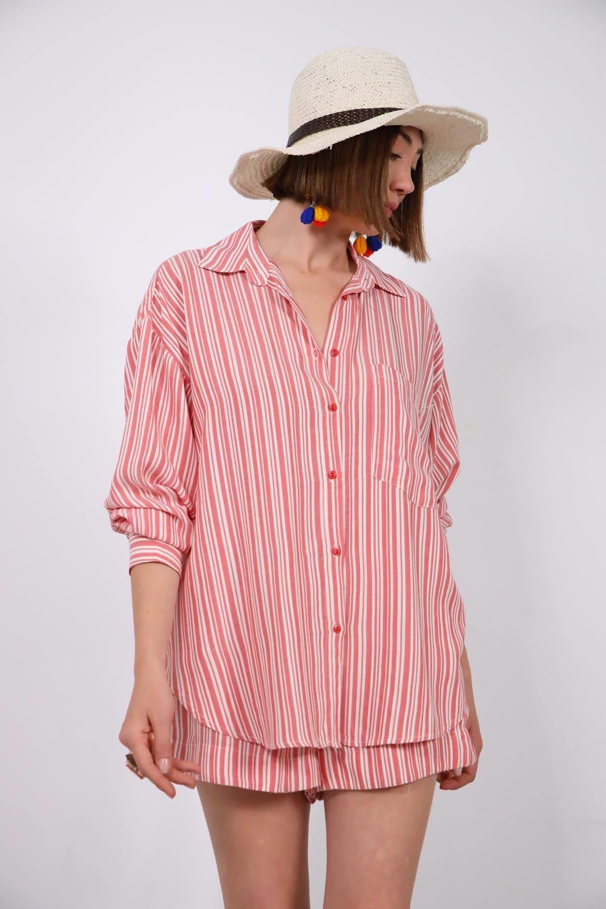 Pembe Çizgili Şortlu Takım - Şaman Butik Pembe Çizgili Şortlu Takım