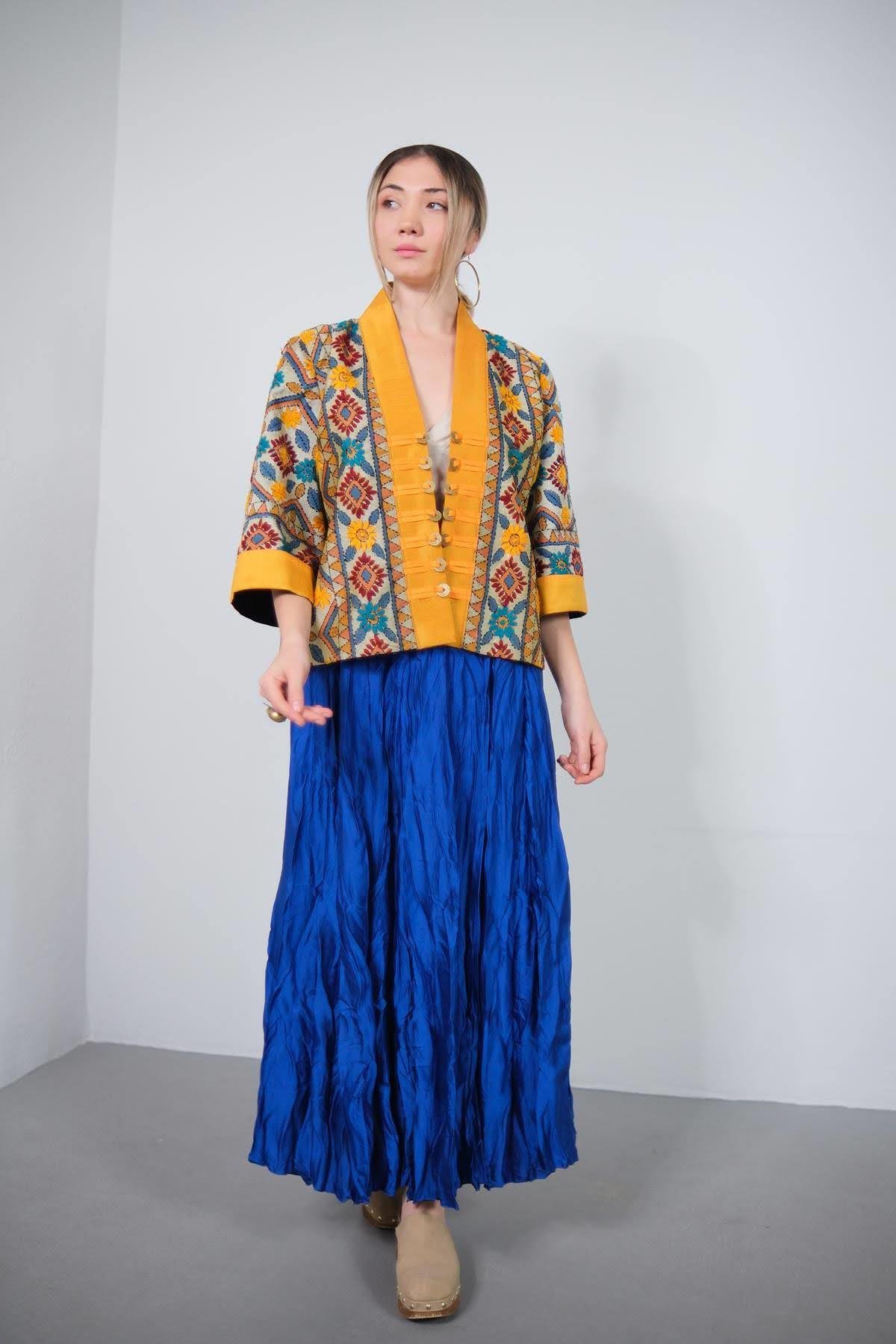 Hardal Rengi Otantik İşlemeli İpek Ceket - Şaman Butik Hardal Rengi Otantik İşlemeli İpek Ceket