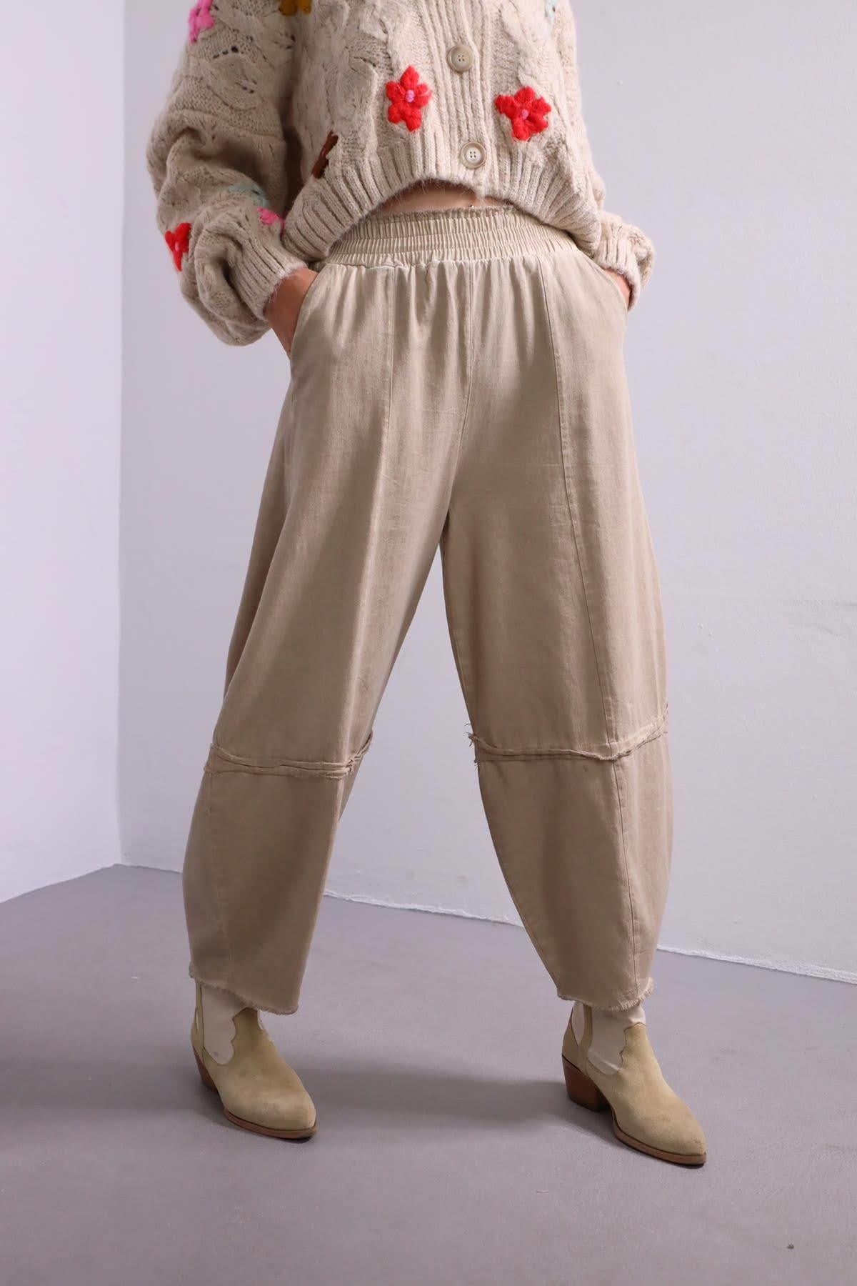 Krem Rengi Yağ Yıkama Dikiş Detaylı Pantolon - Şaman Butik Krem Rengi Yağ Yıkama Dikiş Detaylı Pantolon