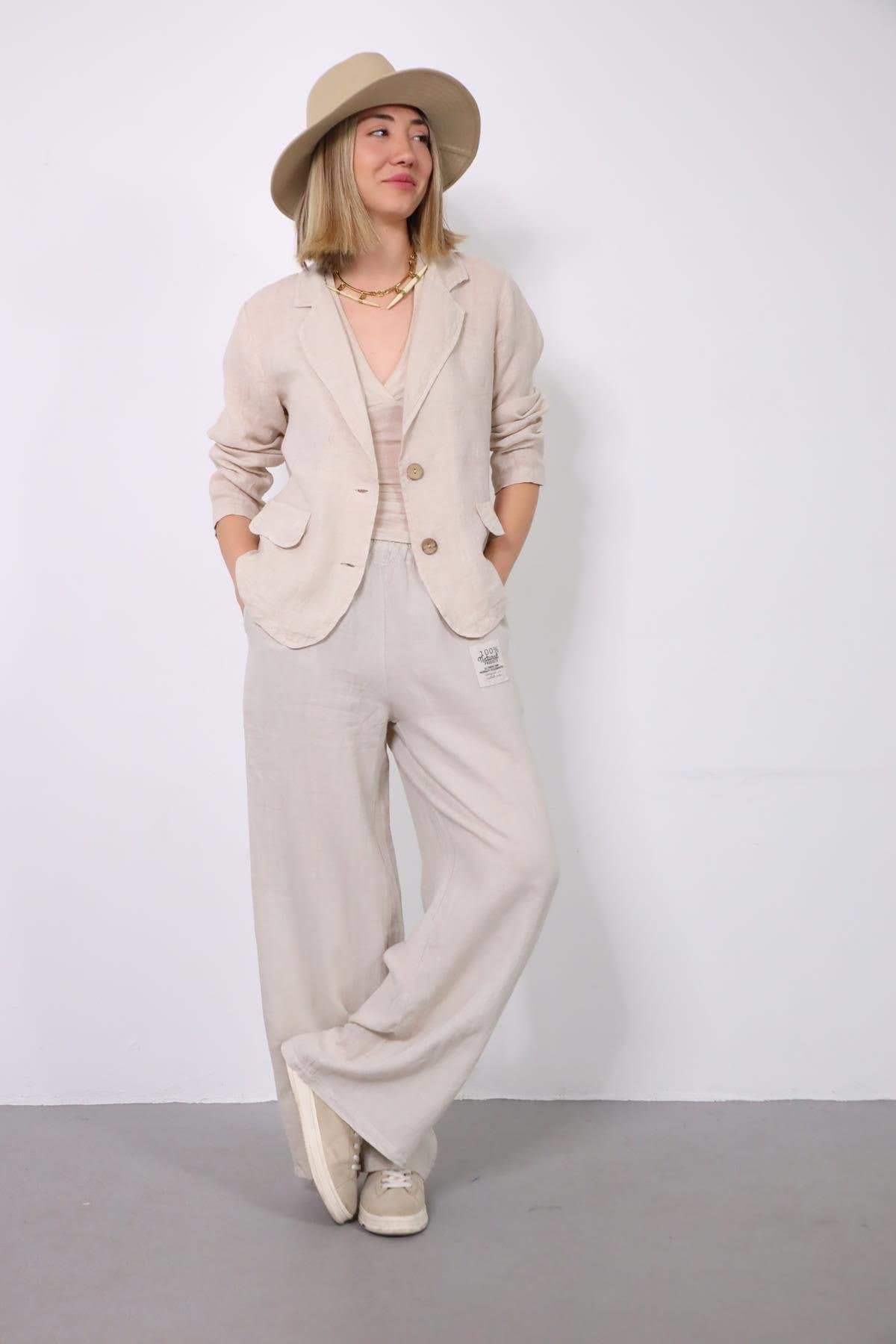 Krem Rengi Beli Lastikli Cebi Detaylı Keten Pantolon - Şaman Butik Krem Rengi Beli Lastikli Cebi Detaylı Keten Pantolon