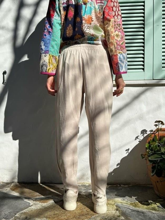 Bej Paçası Pileli Keten Pantolon - Şaman Butik Bej Paçası Pileli Keten Pantolon