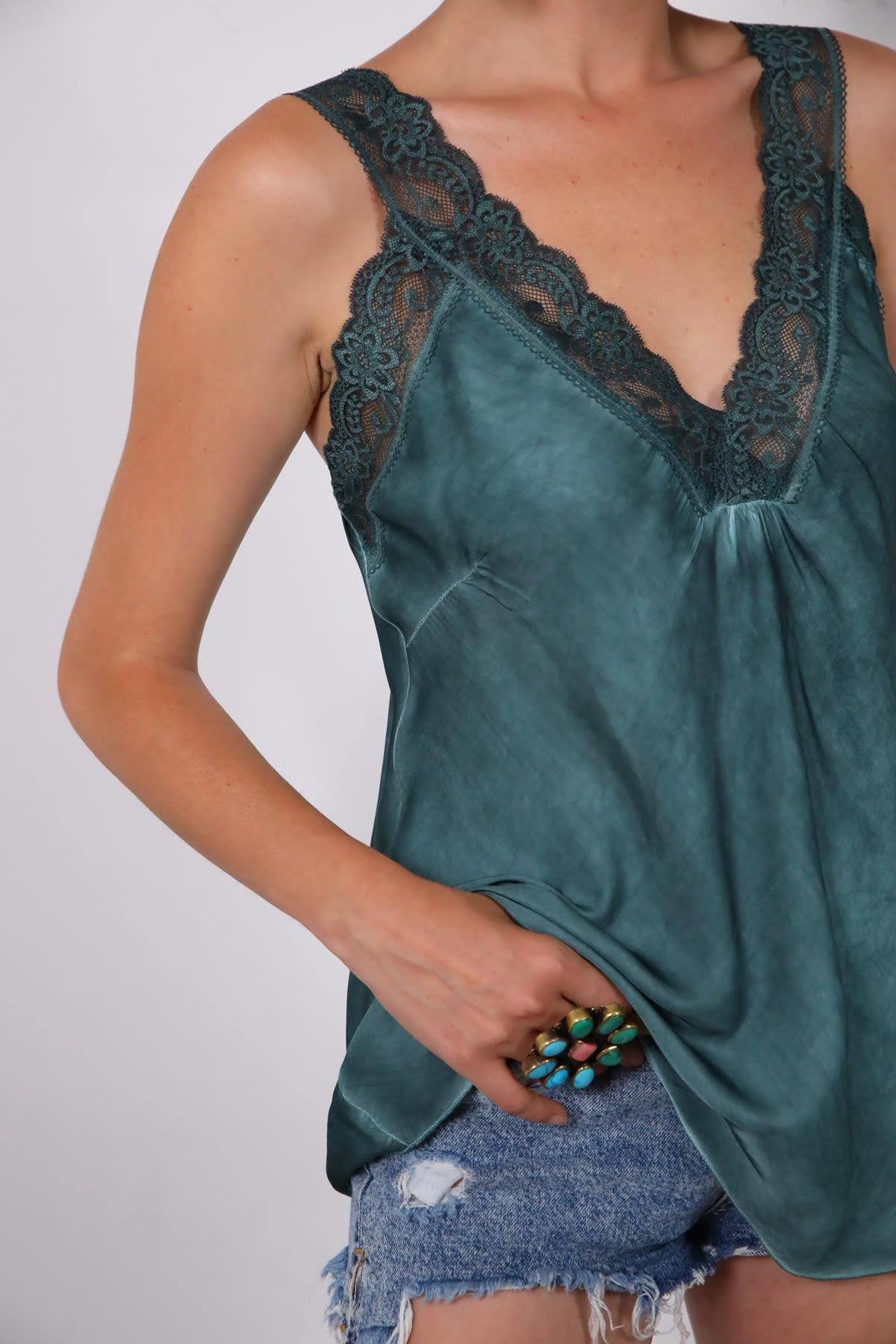 Navy Blue Floral Stitched Waist Shirt Dress - Şaman Butik Emerald Green Lace Embroidered Silk Tank Top