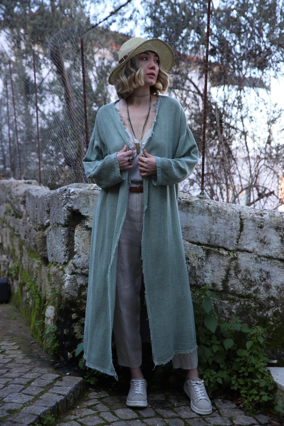 Mint Yeşili Saçak Detay Düz Kesim Kaftan - Şaman Butik Mint Yeşili Saçak Detay Düz Kesim Kaftan