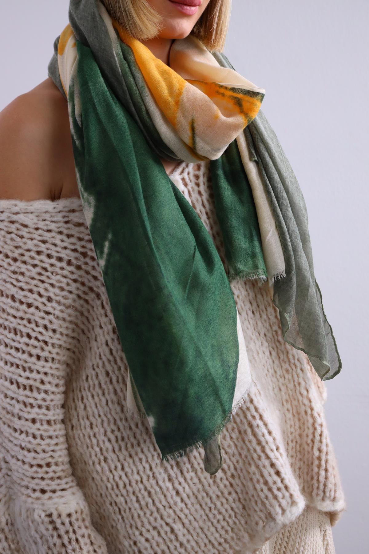 Turuncu Yeşil Desenli Otantik Şal - Şaman Butik Turuncu Yeşil Desenli Otantik Şal