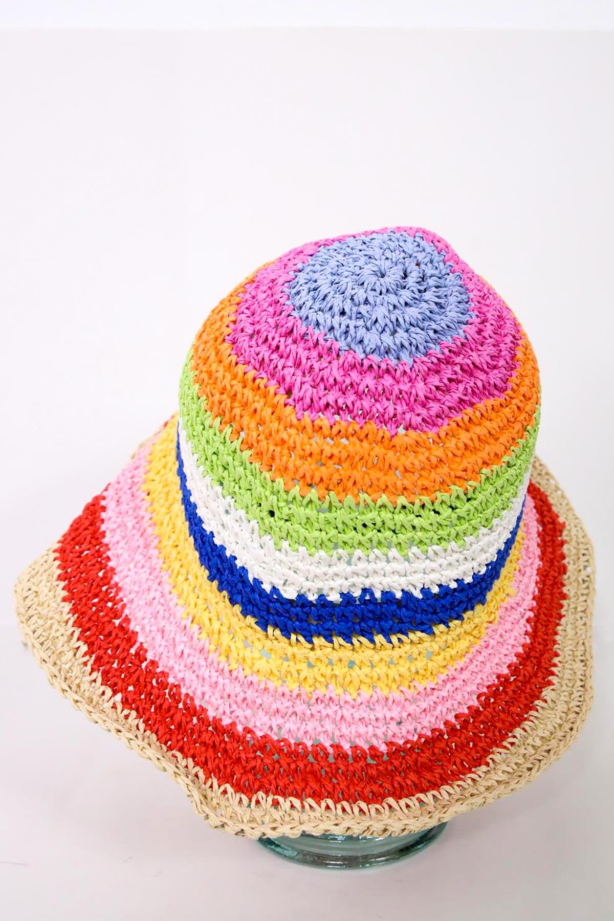  Bej Kırmızı Hasır El Örgüsü Bucket Şapka