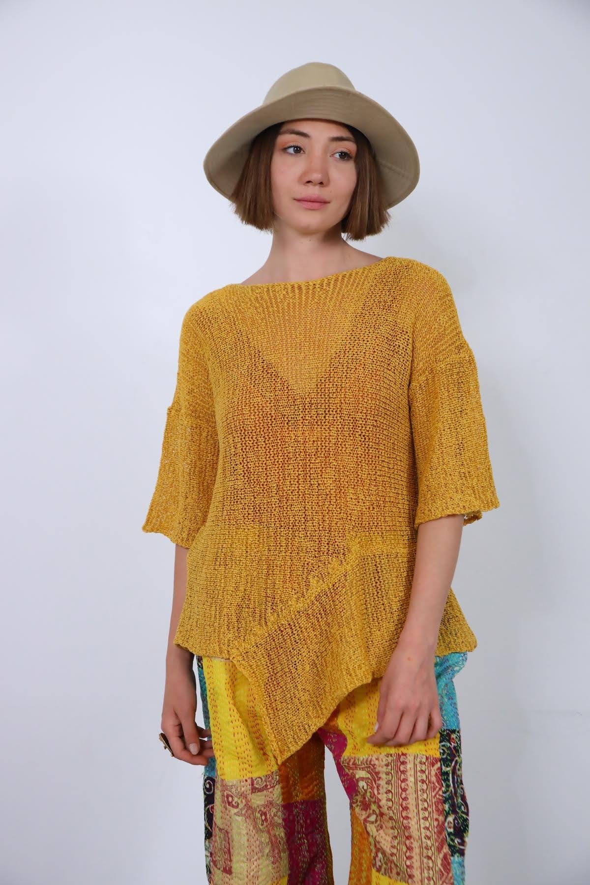 Sarı Altı Parçalı Merserize Bluz - Şaman Butik - Bohem Giyim ve Aksesuar | Kadın & Erkek Sarı Altı Parçalı Merserize Bluz