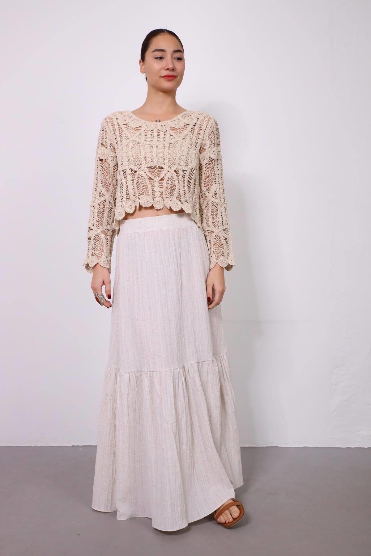  Krem Rengi Büzgülü Gofre Etek