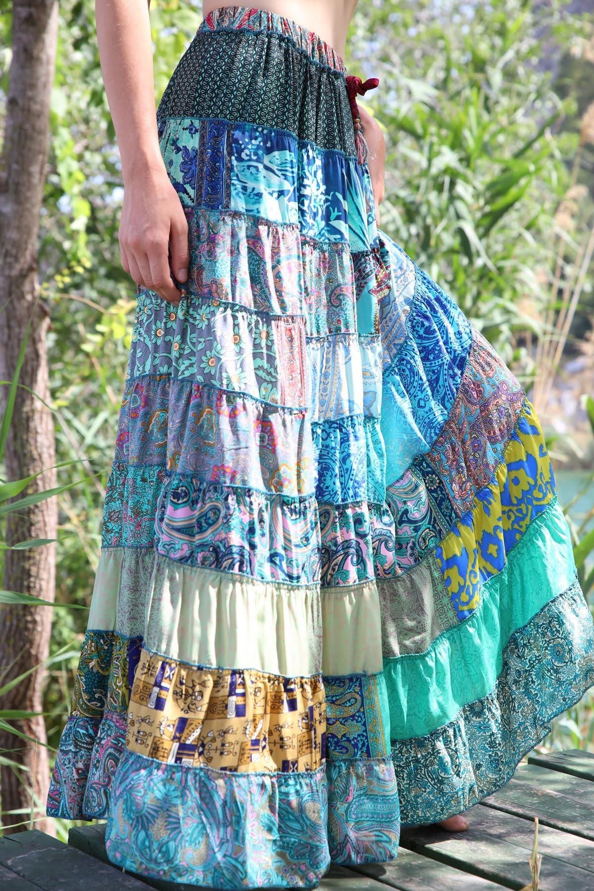  Renkli Patchwork Otantik İpek Etek