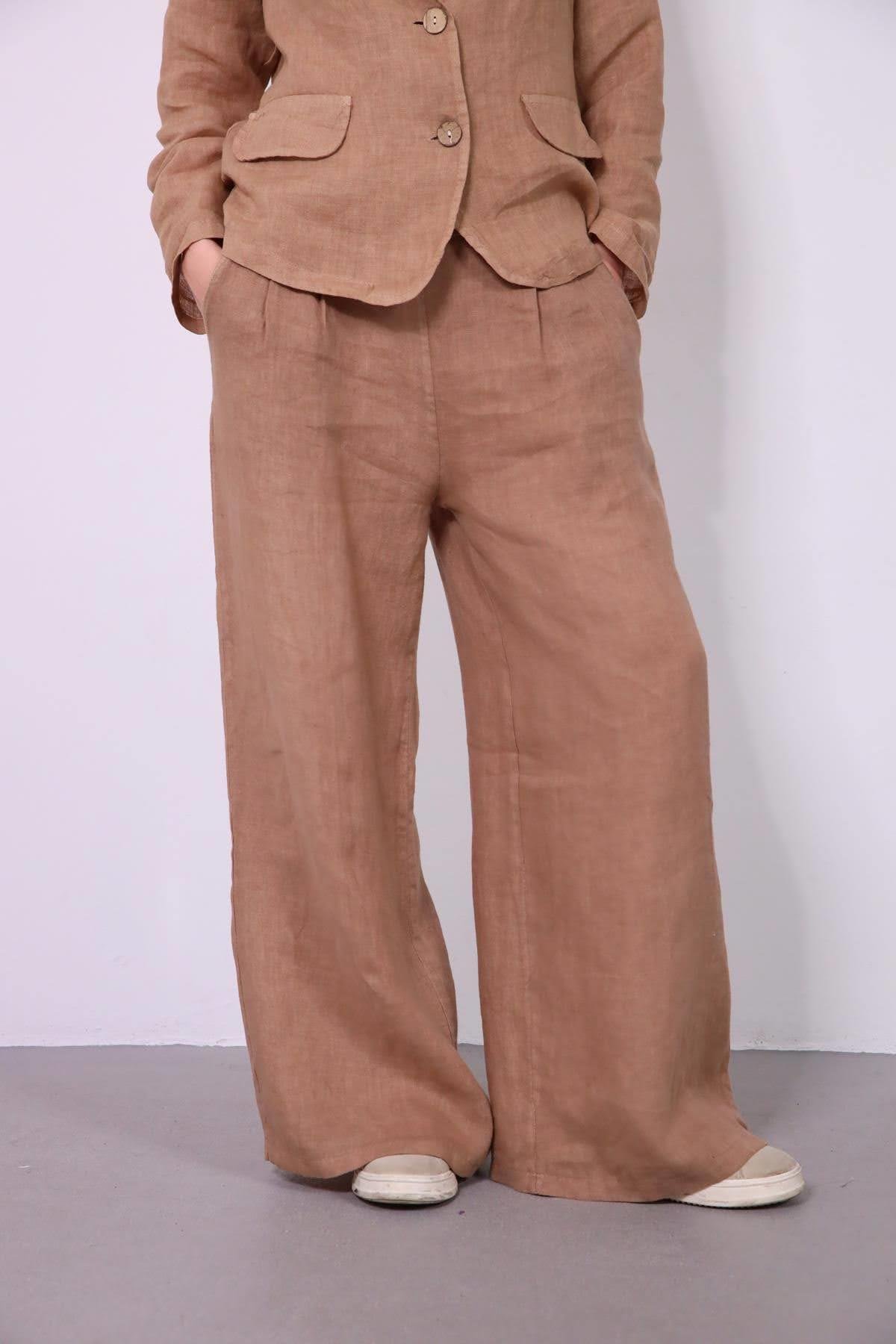 Camel Rengi Beli Pileli Pantolon Ceket Takım - Şaman Butik Camel Rengi Beli Pileli Pantolon Ceket Takım