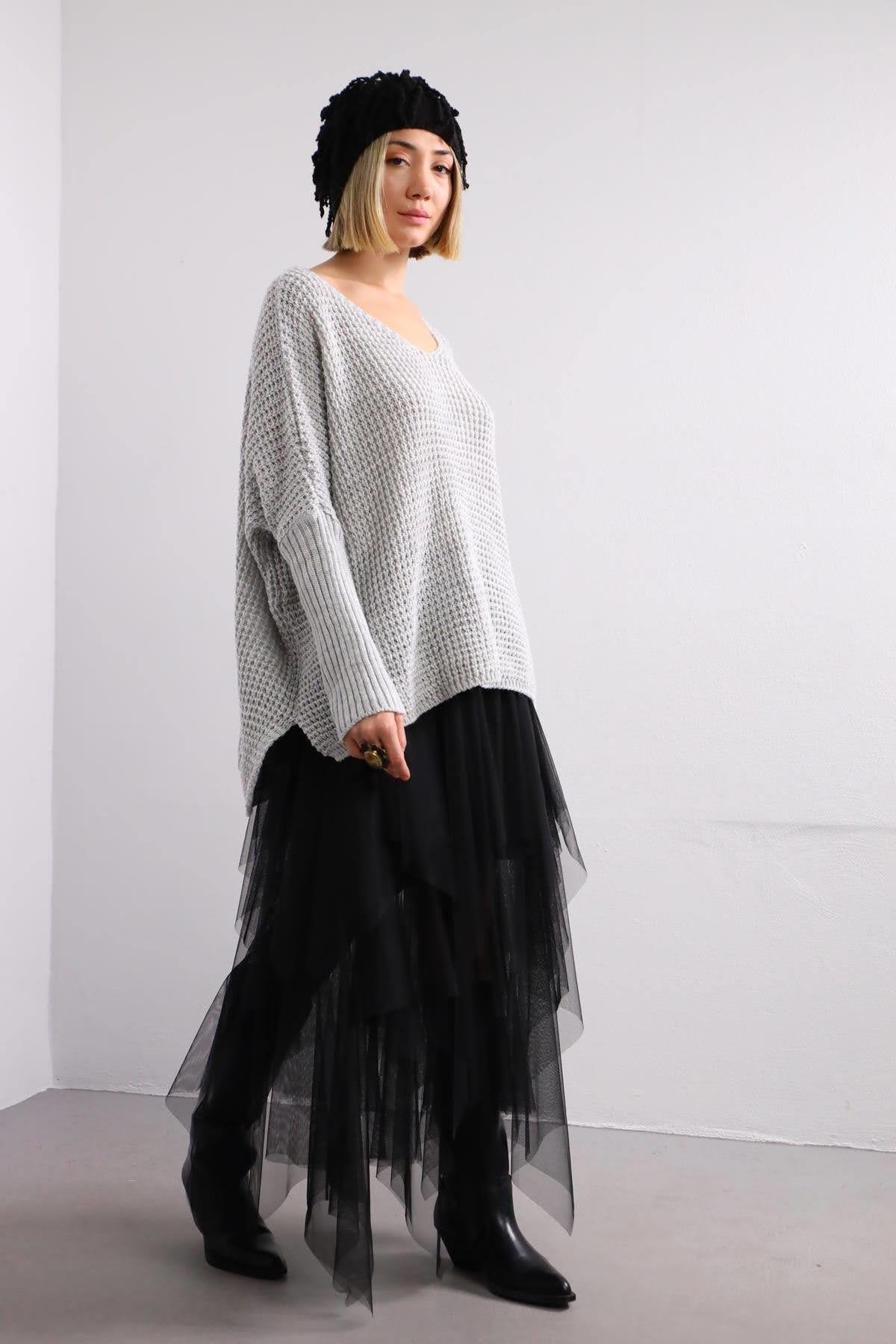 Gri Arkası Uzun Örgü Kazak - Şaman Butik Gri Arkası Uzun Örgü Kazak