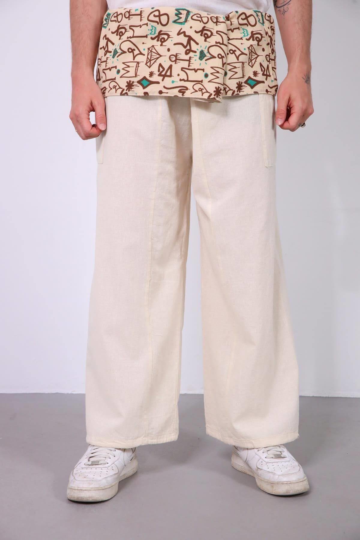  Krem Rengi Beli Desenli Balıkçı Pantolon