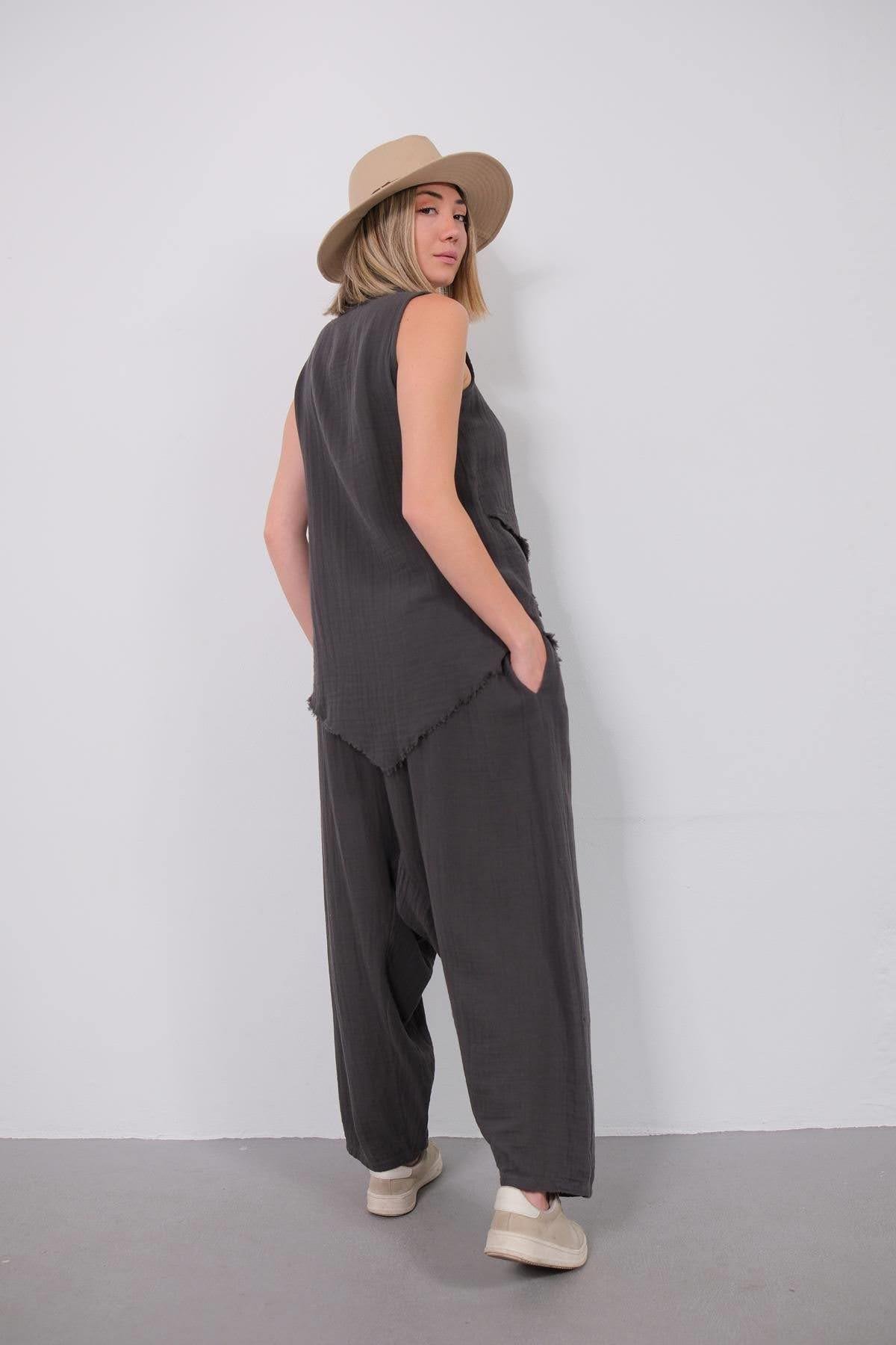  Antrasit Beli İpli Müslin Şalvar