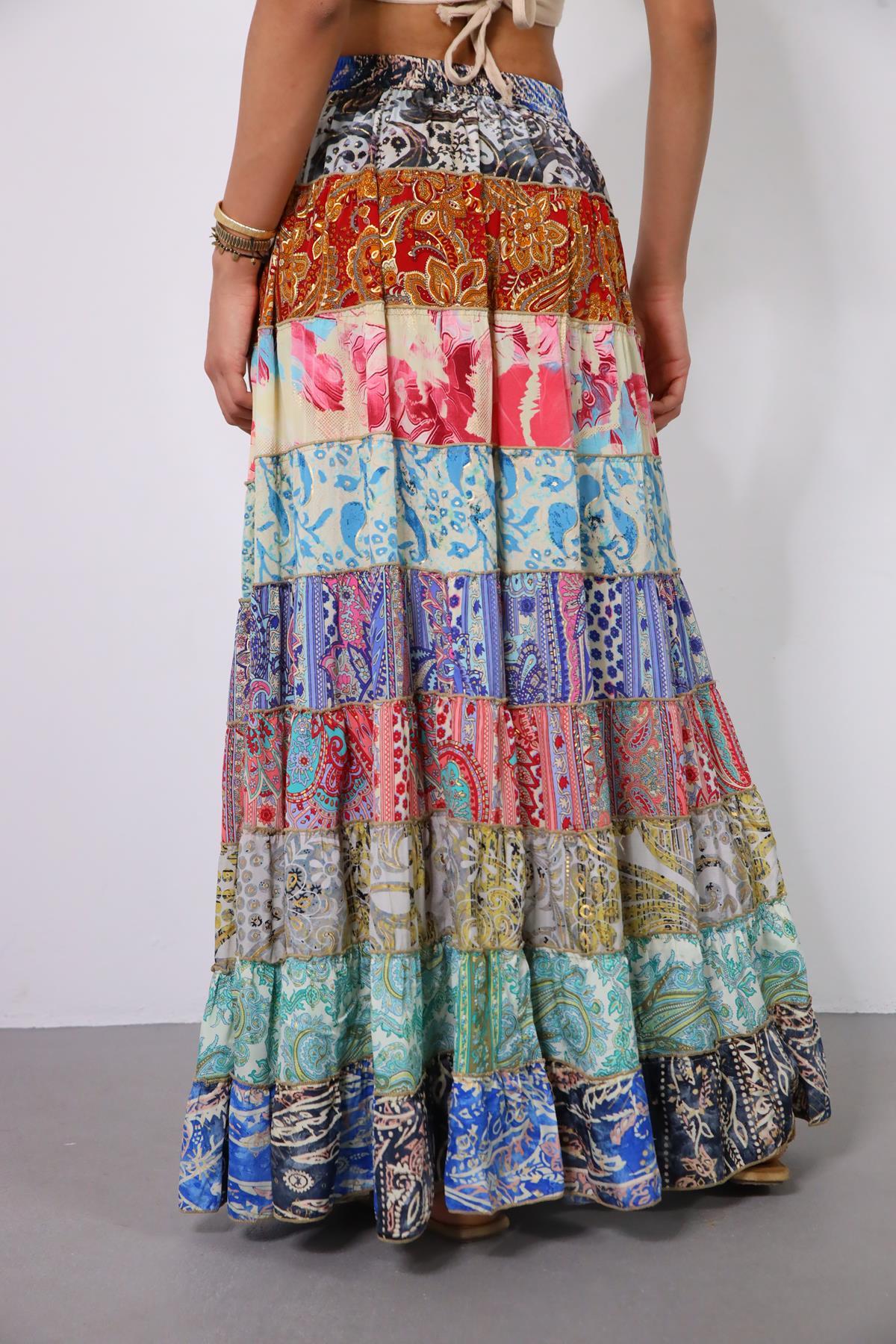 Renkli Patchwork Otantik İpek Etek - Şaman Butik Renkli Patchwork Otantik İpek Etek