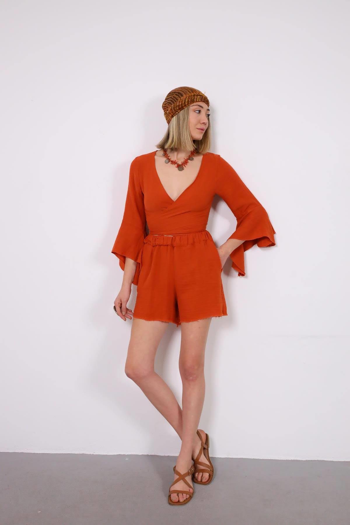 Kiremit Rengi Püsküllü Müslin Şort - Şaman Butik Kiremit Rengi Püsküllü Müslin Şort