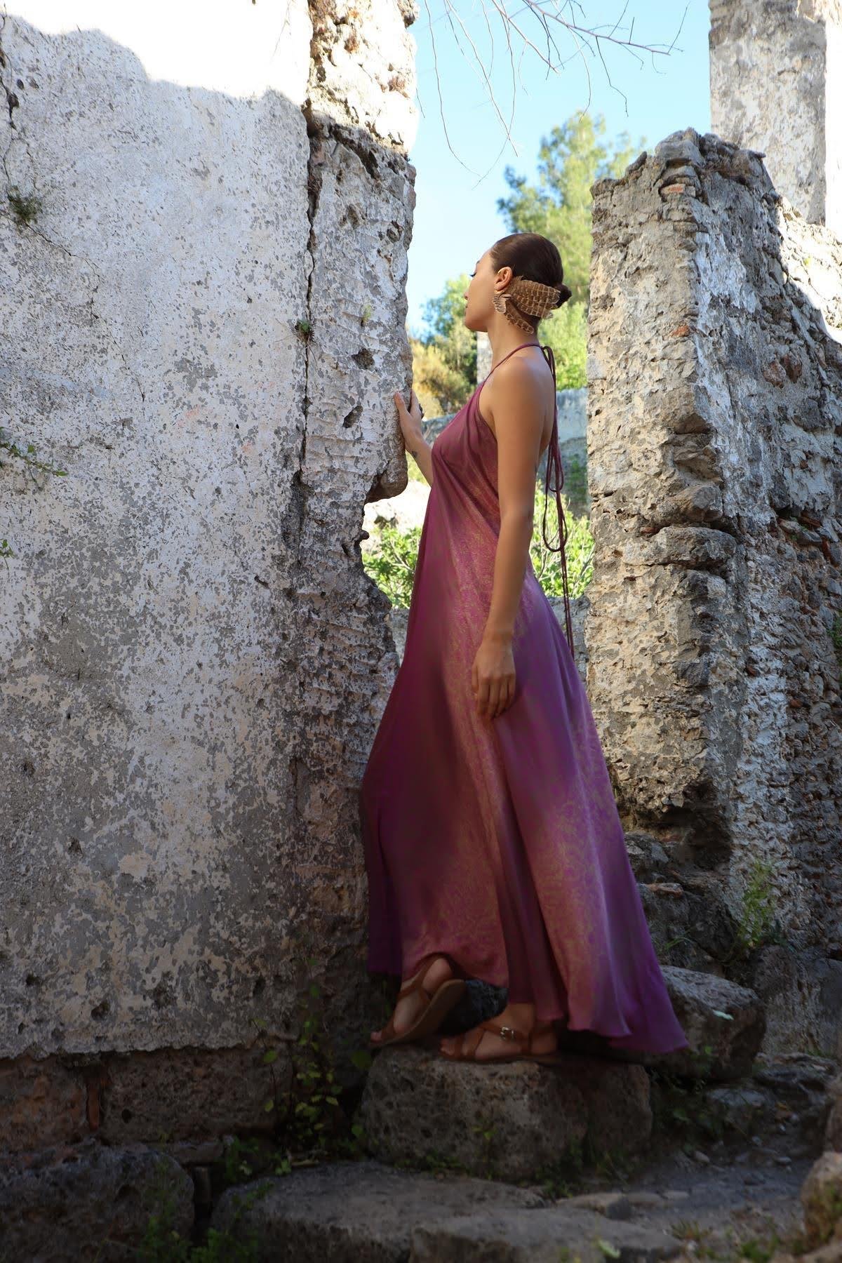 Mor Önü Arkası V Sırtı Bağcıklı Elbise - Şaman Butik Mor Önü Arkası V Sırtı Bağcıklı Elbise