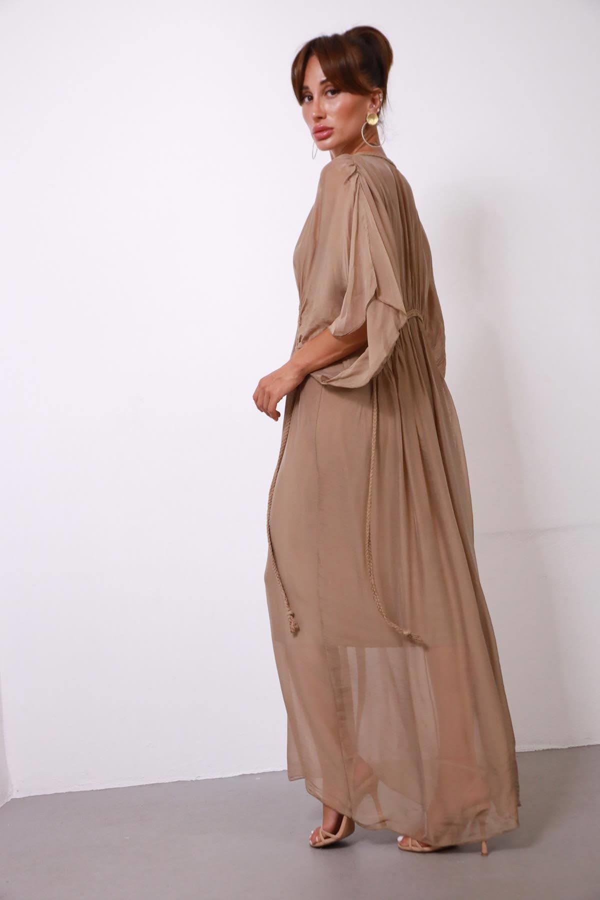  Sütlü Kahve Örgü Detaylı Astarlı İpek Elbise