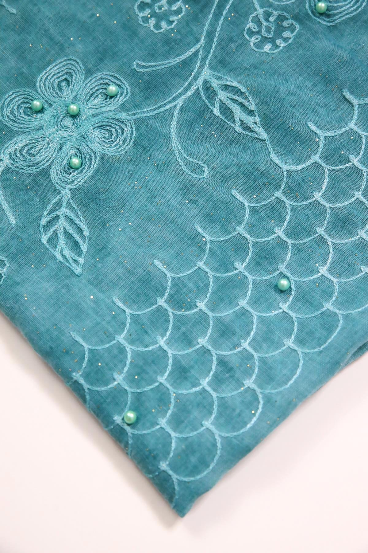 Turkuaz Simli İnci İşlemeli Şal- Şaman Butik Turkuaz Simli İnci İşlemeli Şal