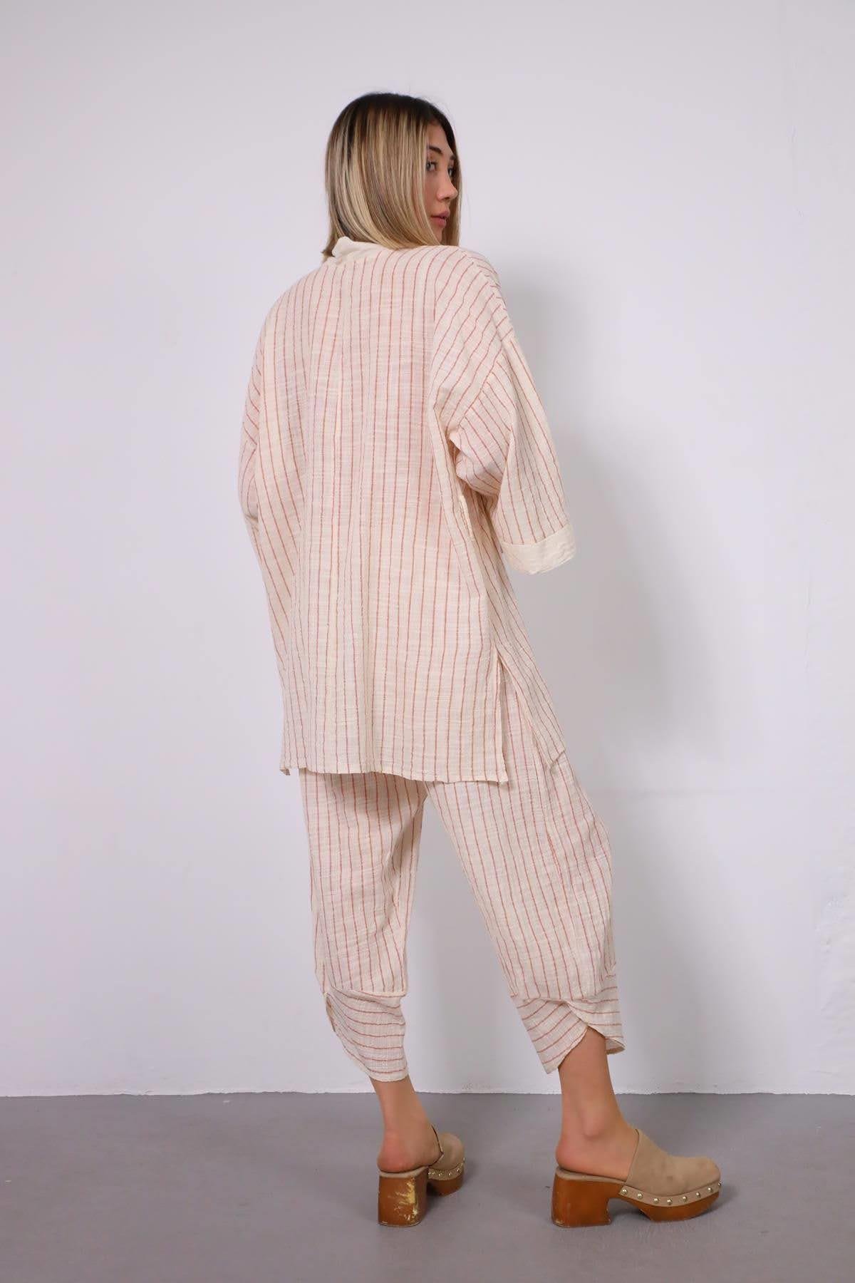 Kiremit Rengi Çizgili Kimono - Şaman Butik Kiremit Rengi Çizgili Kimono