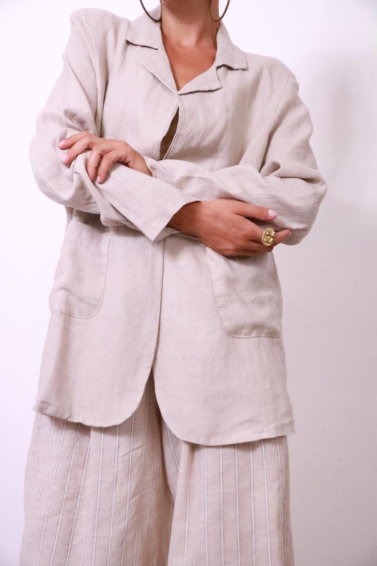 Krem Rengi Keten Tek Düğmeli Ceket - Şaman Butik Krem Rengi Keten Tek Düğmeli Ceket