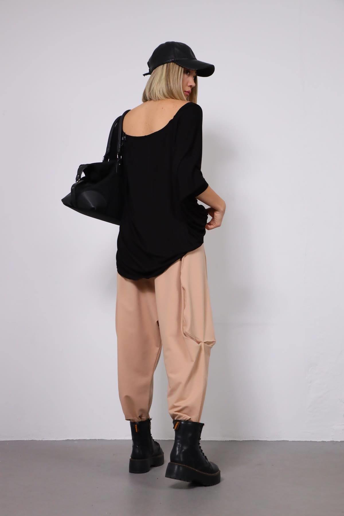 Beige Belted Drop Crotch Trousers - Saman Butik | Shop Online Beige Belted Drop Crotch Trousers