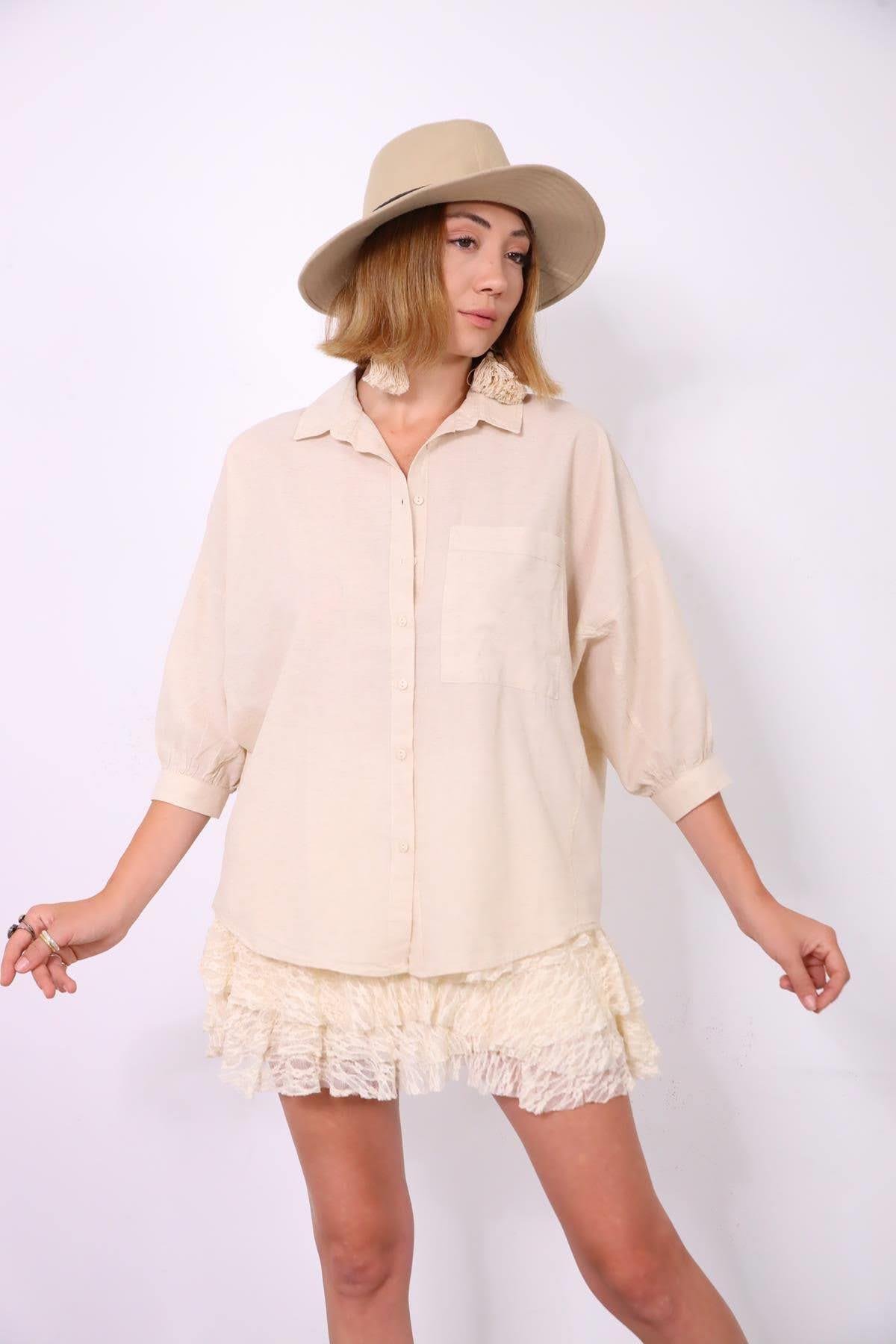  Krem Rengi Dikiş Detaylı Yarasa Kol Gömlek