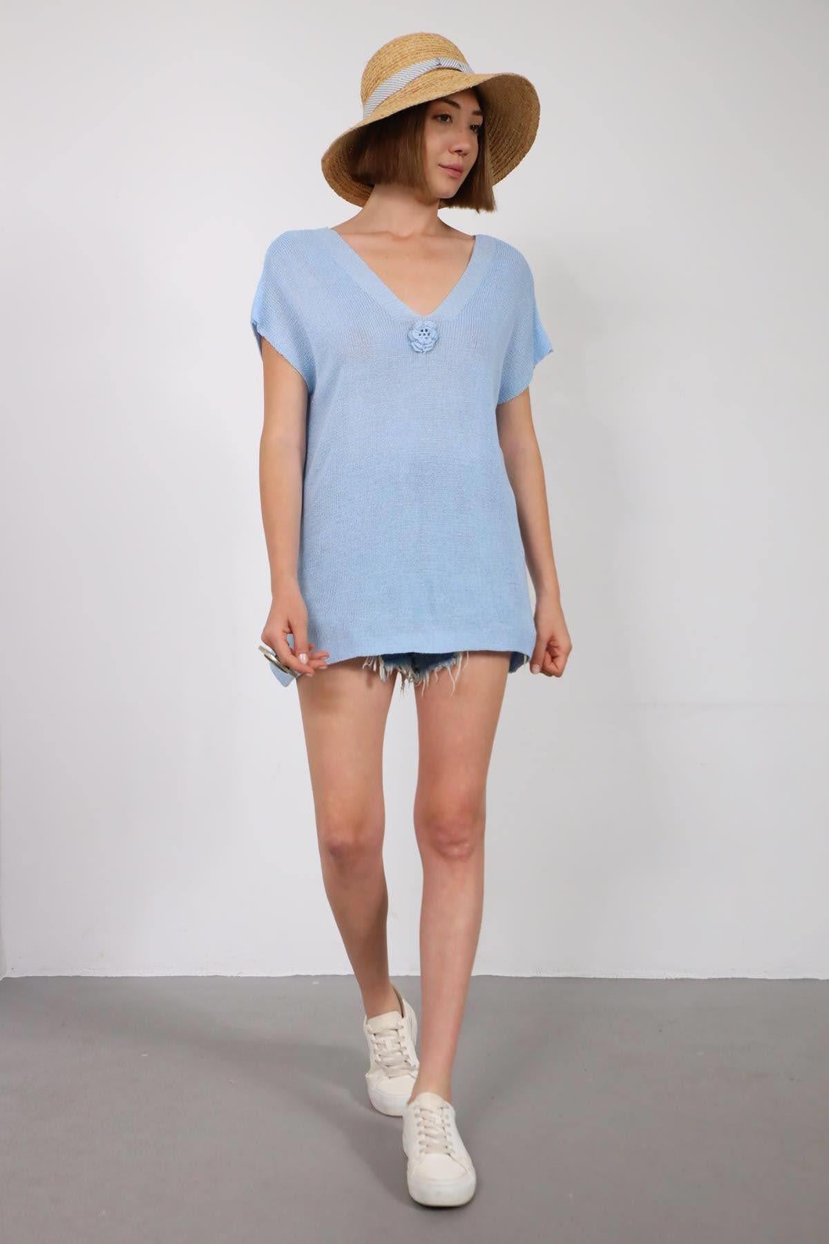 Mavi Önü Arkası V Yaka Çiçekli Triko Bluz - Şaman Butik Mavi Önü Arkası V Yaka Çiçekli Triko Bluz