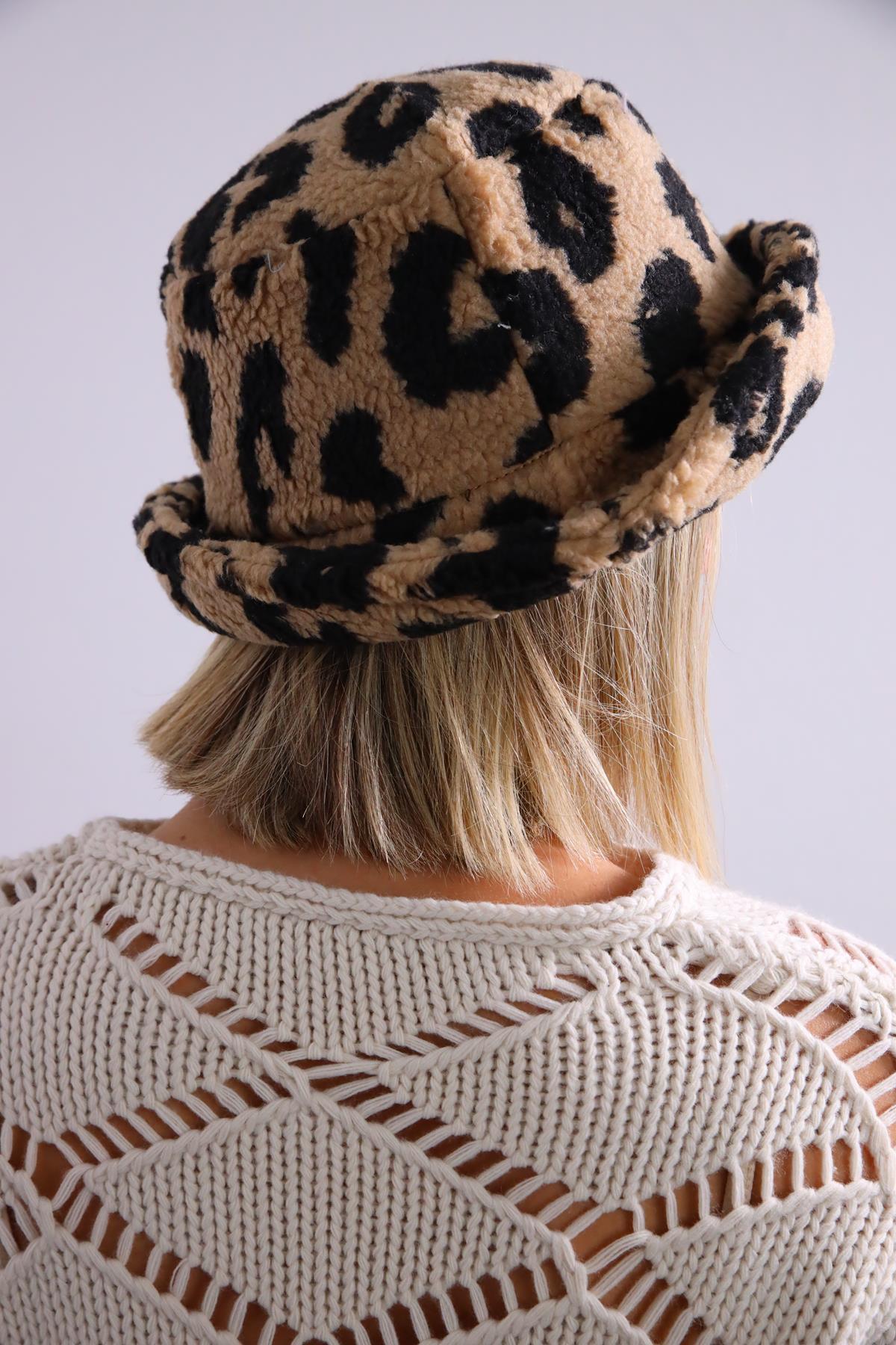  Camel Rengi Leopar Desen Bucket Şapka