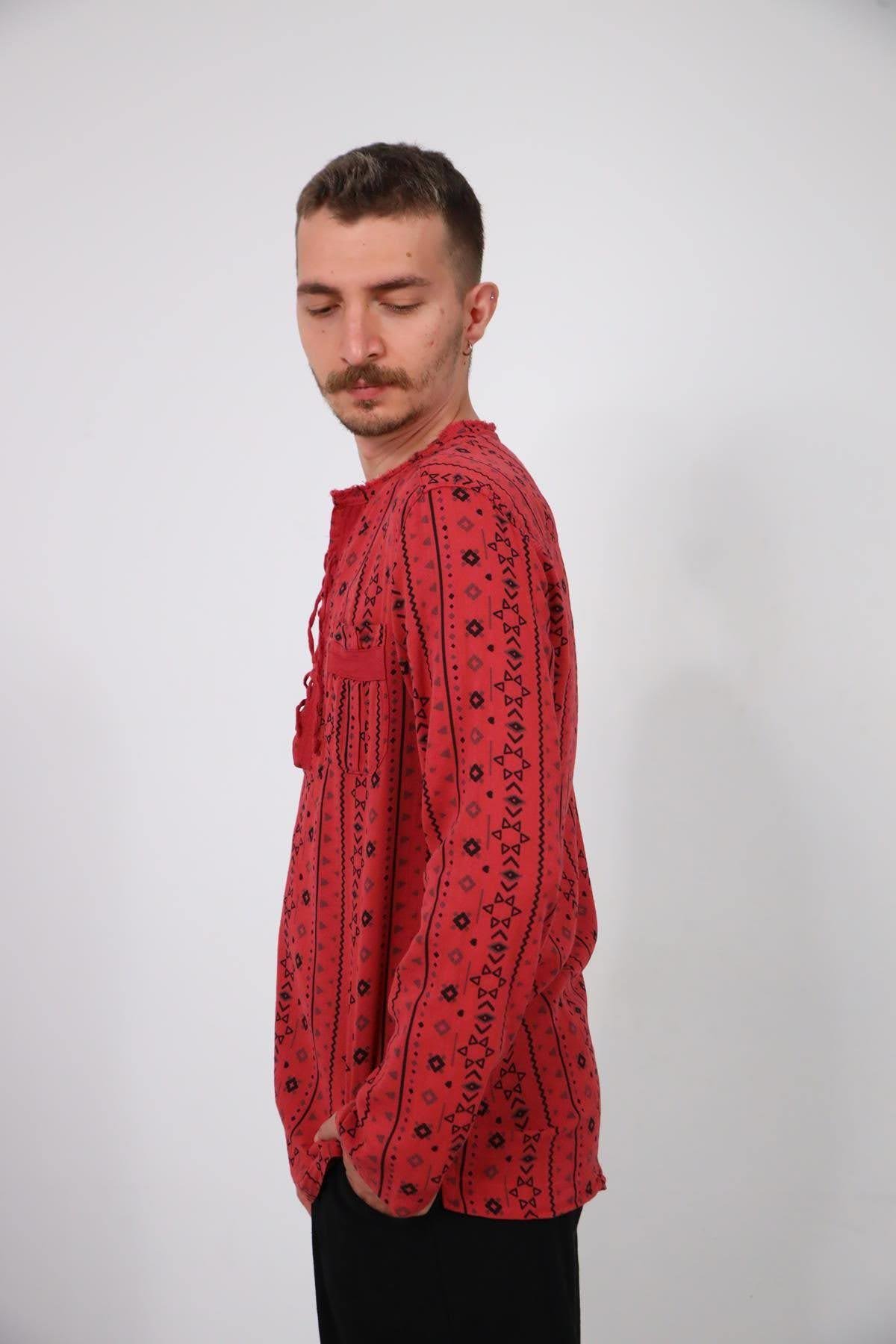  Bordo Yakası Bağcıklı Baskılı Erkek Gömlek