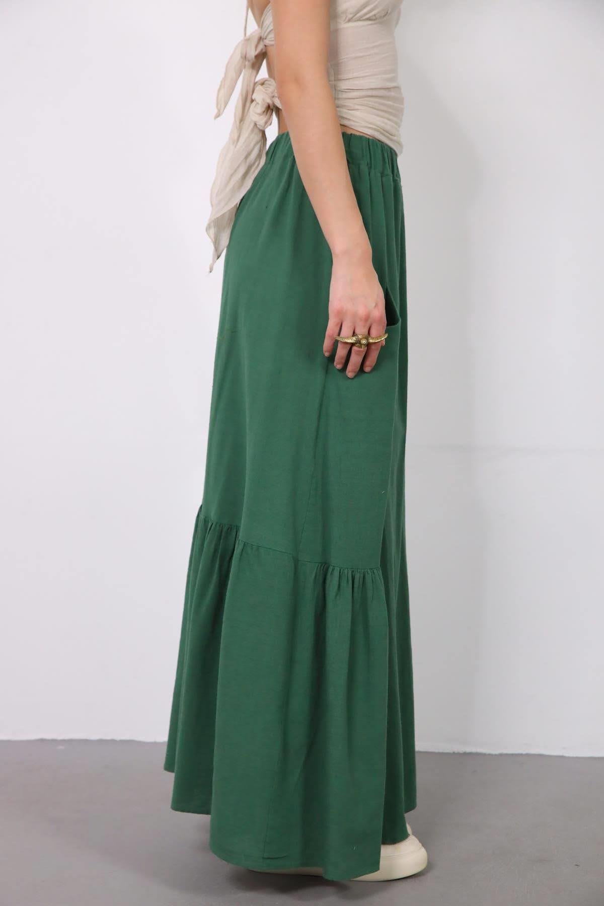  Yeşil Keten Cepli Pileli Etek