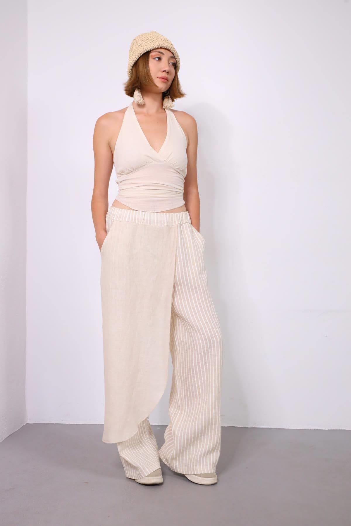 Krem Rengi Parça Detaylı Çizgili Keten Pantolon - Şaman Butik Krem Rengi Parça Detaylı Çizgili Keten Pantolon