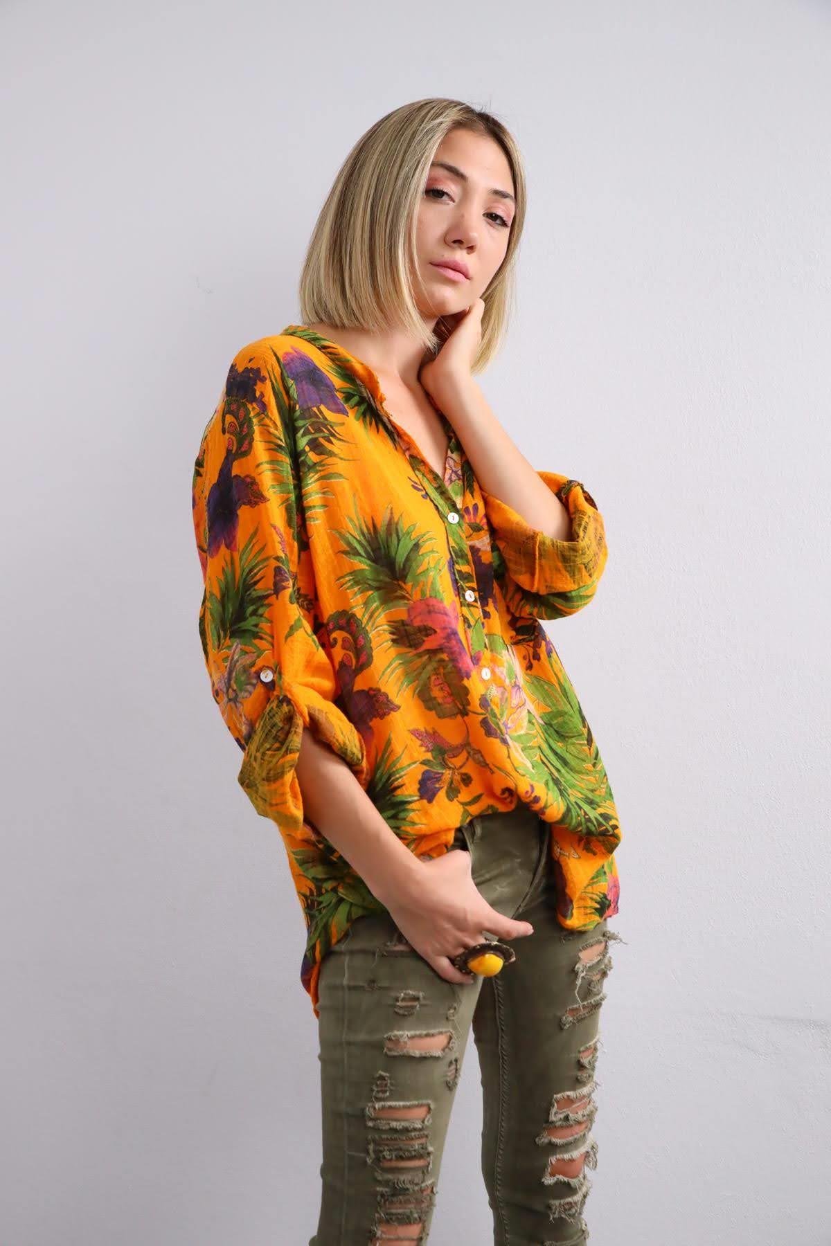  Turuncu Lilyum Desenli Gömlek