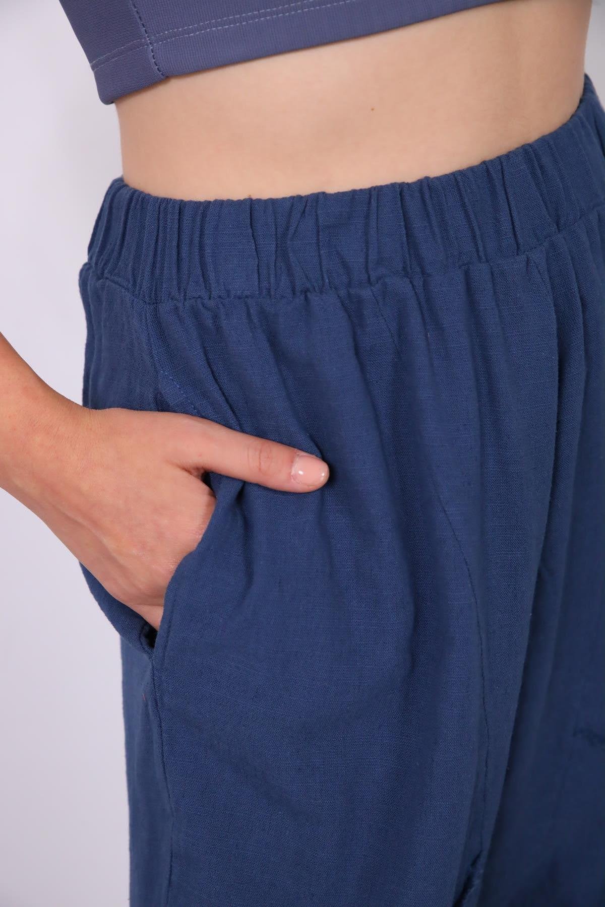 İndigo Mavi Püsküllü Dikiş Detaylı Keten Pantolon - Şaman Butik İndigo Mavi Püsküllü Dikiş Detaylı Keten Pantolon