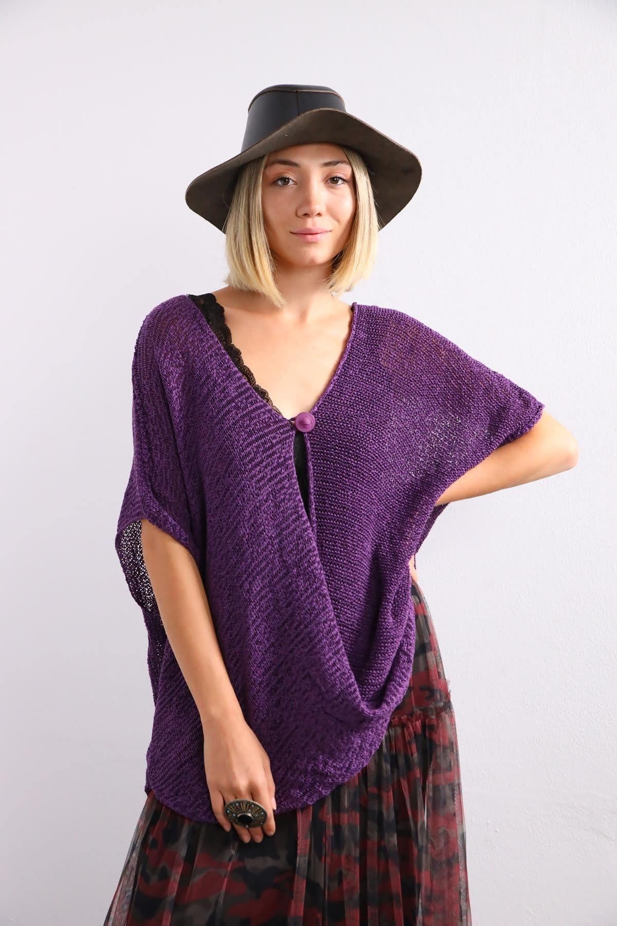 Purple Single Button Mercerized Judith Tunic - Saman Butik | Shop Online Purple Single Button Mercerized Judith Tunic