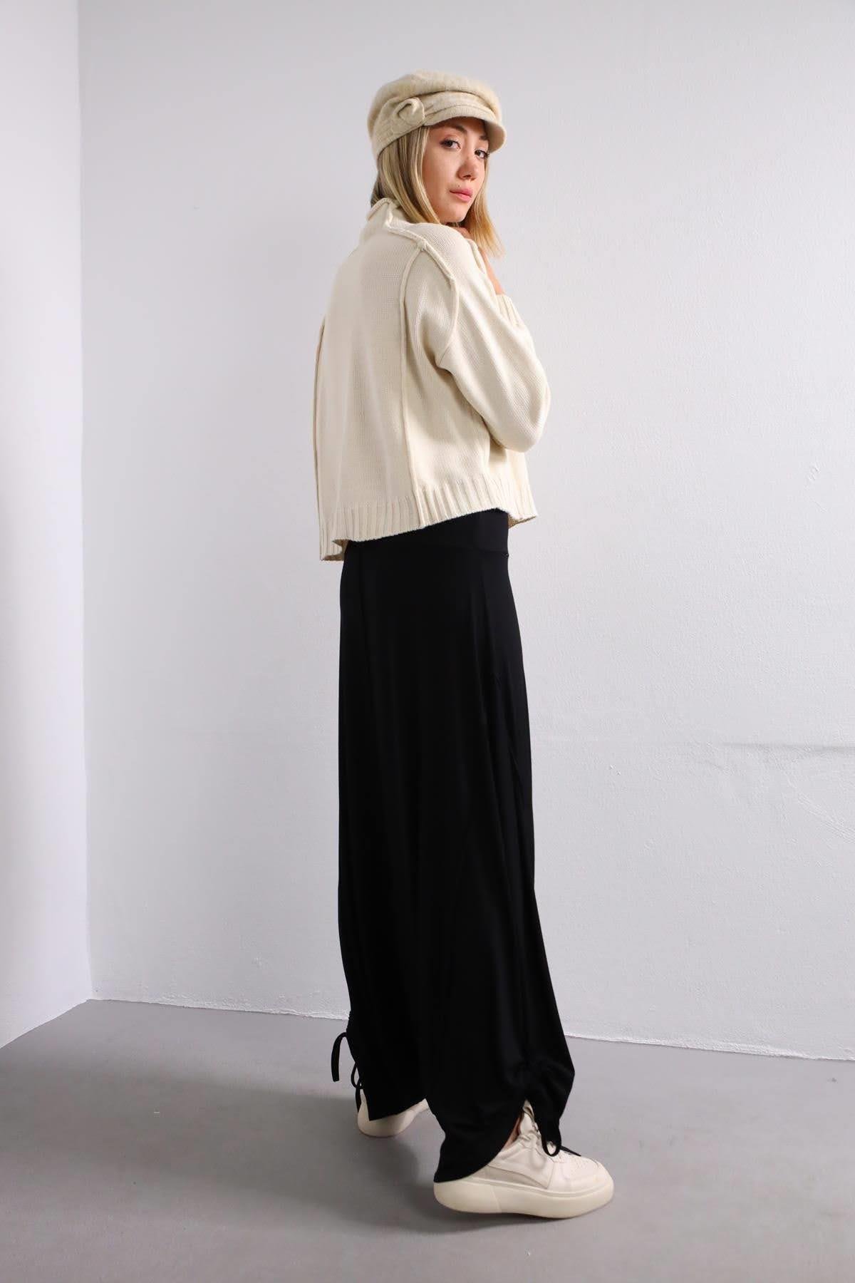 Navy Blue Floral Stitched Waist Shirt Dress - Şaman Butik Black Tied Cuff Stitch Detailed Harem Pants