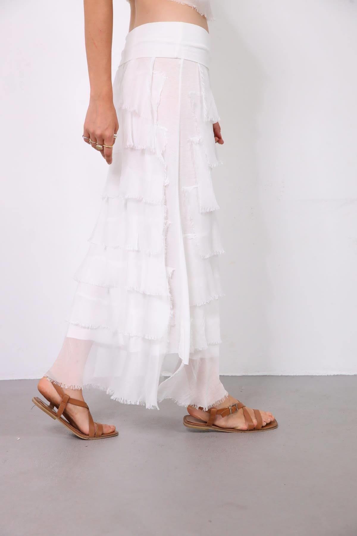 White Multilayered Silk Skirt - Şaman Butik | Boho Fashion White Multilayered Silk Skirt